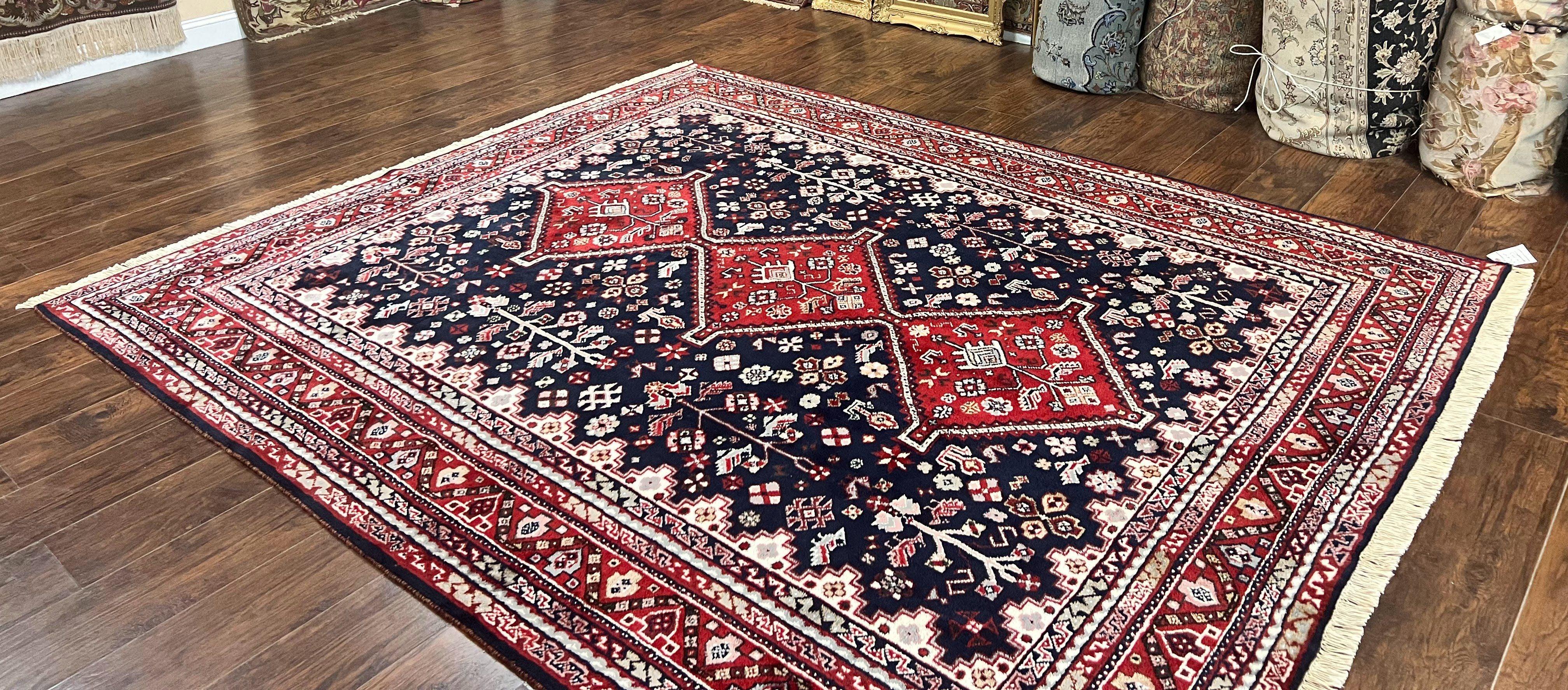 Persian Shiraz Tribal Rug 8x9, Geometric Medallions, Navy Blue and Red, Hand Knotted Handmade Semi Antique Wool Carpet - Jewel Rugs