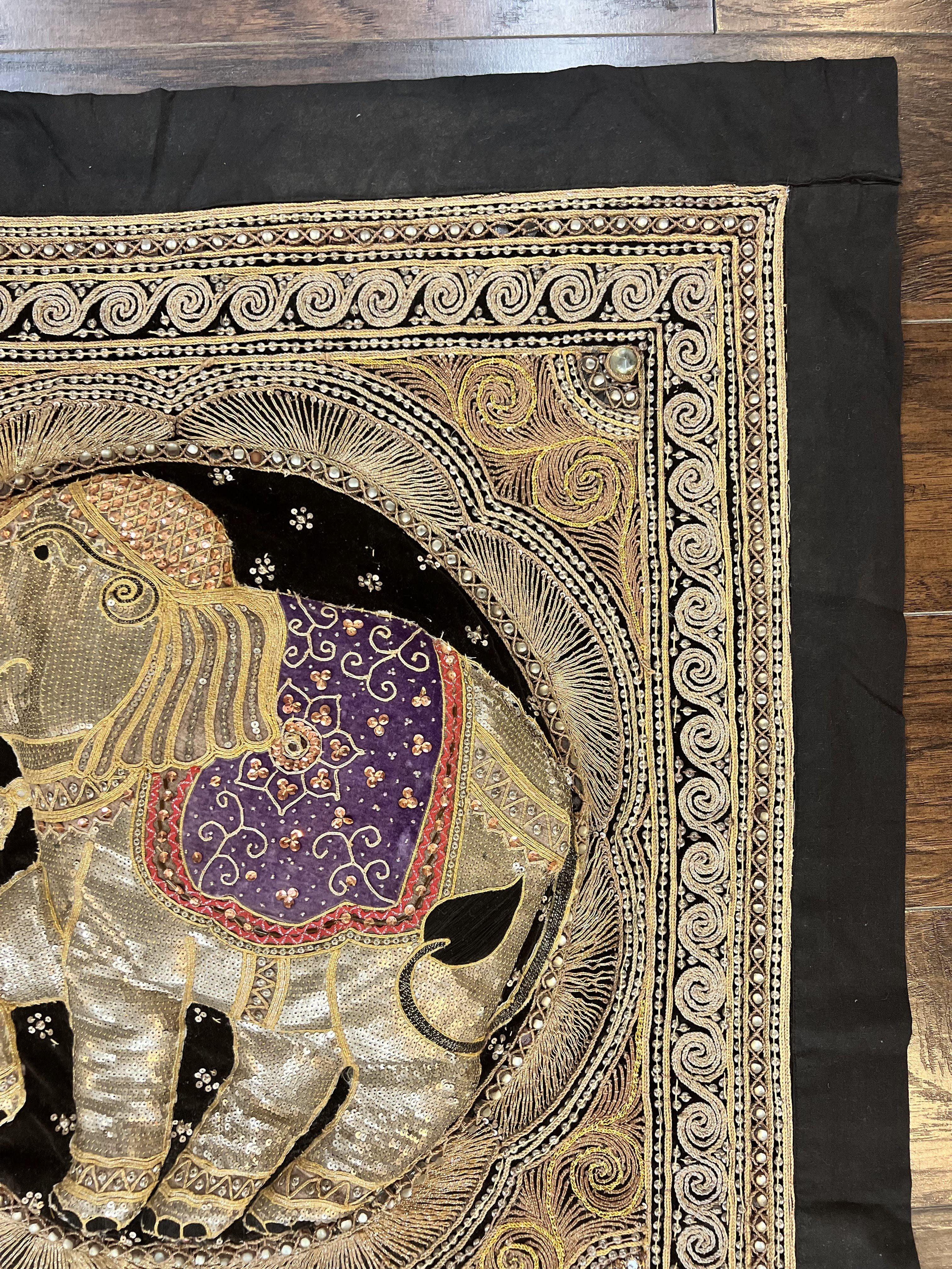 Indian Embroidery 3x3, Elephant Design, Detailed Needlepoint, Beadwork - Jewel Rugs