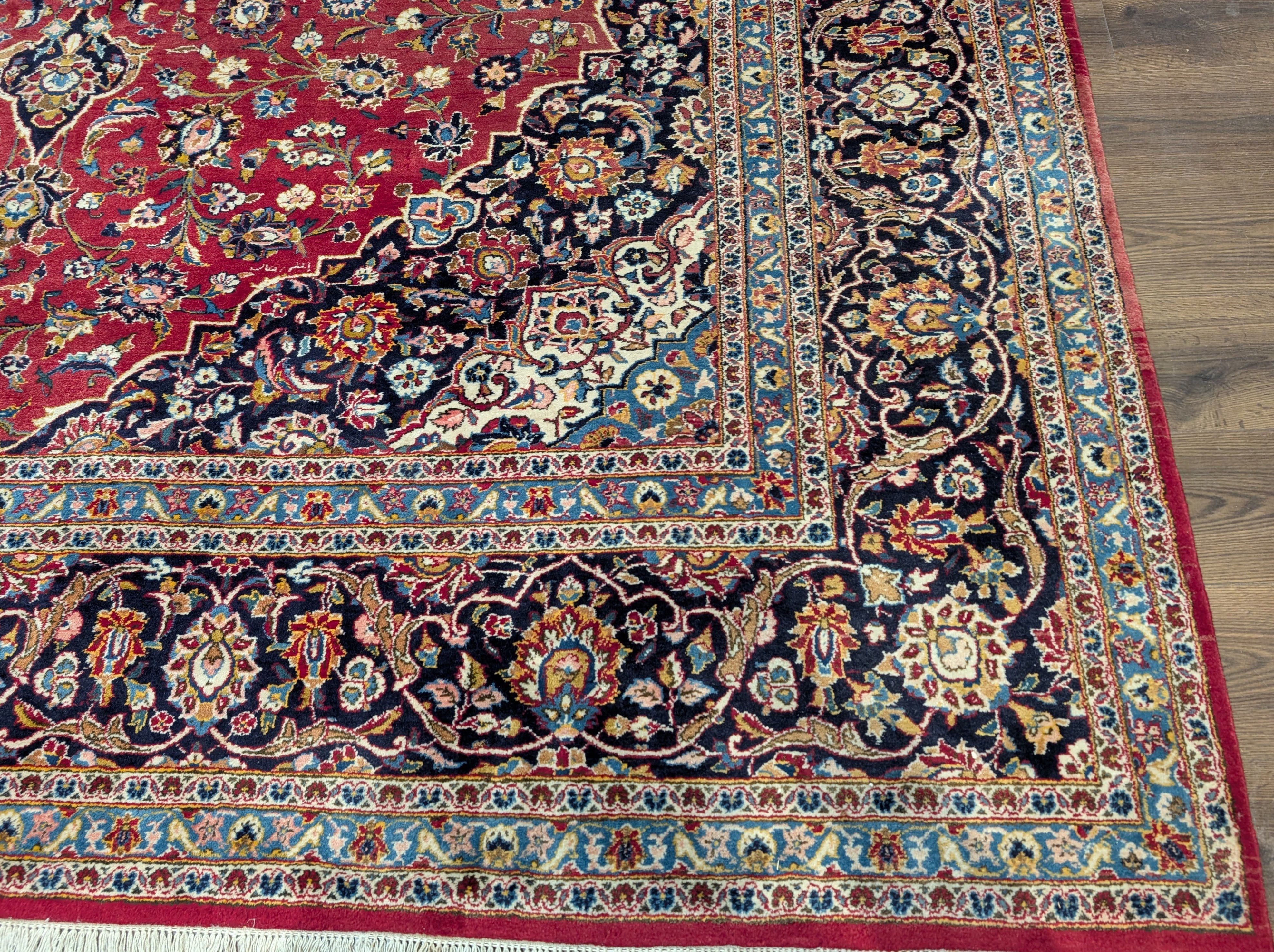 Persian Kashan Rug 10x14, Red and Navy, Hand Knotted Wool Traditional Persian Carpet, Signed By Master Weaver - Jewel Rugs