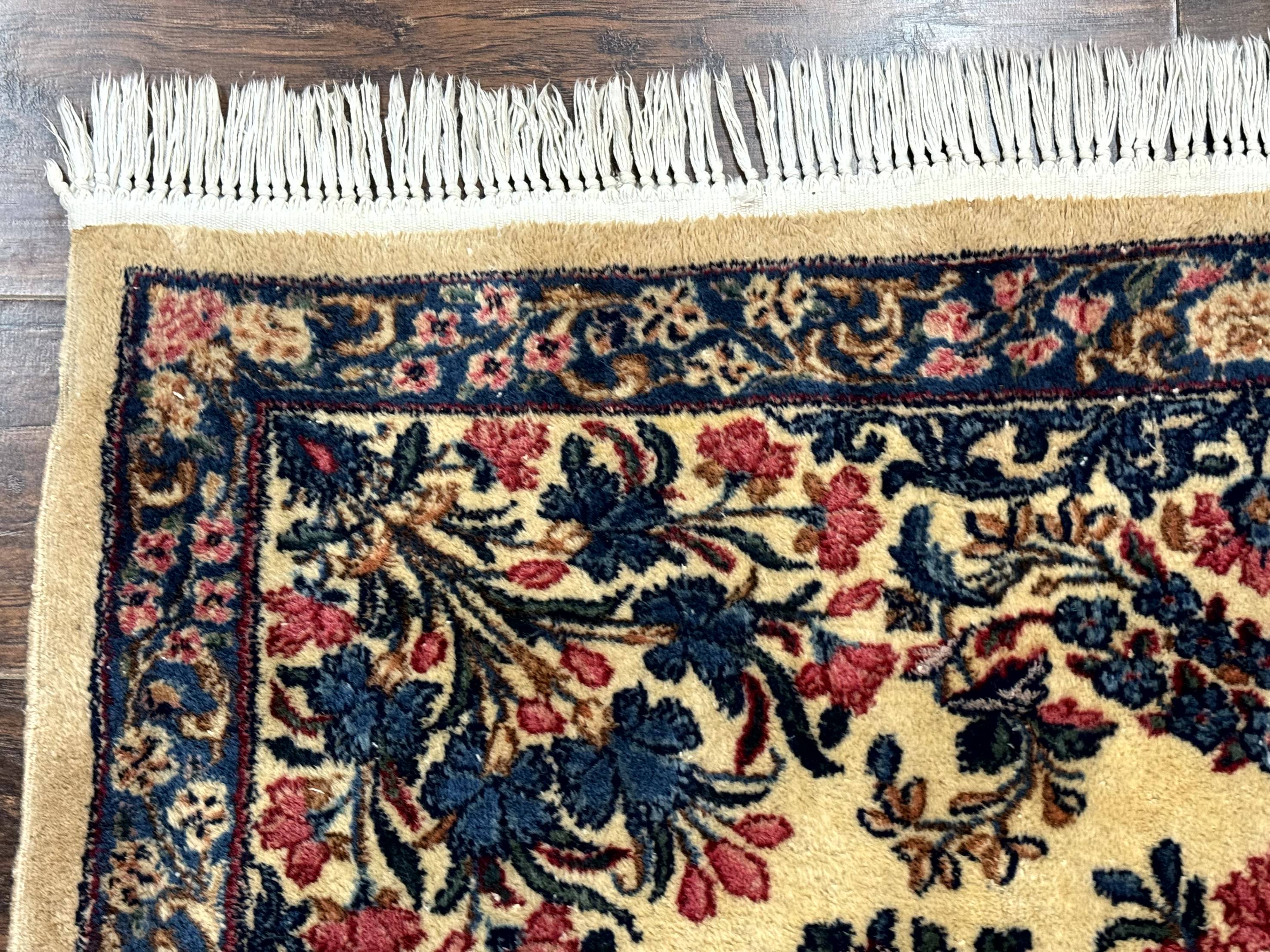 Square Persian Kerman Rug 4x4, Ivory Blue Pink, Handmade, Fine 225 KPSI - Jewel Rugs