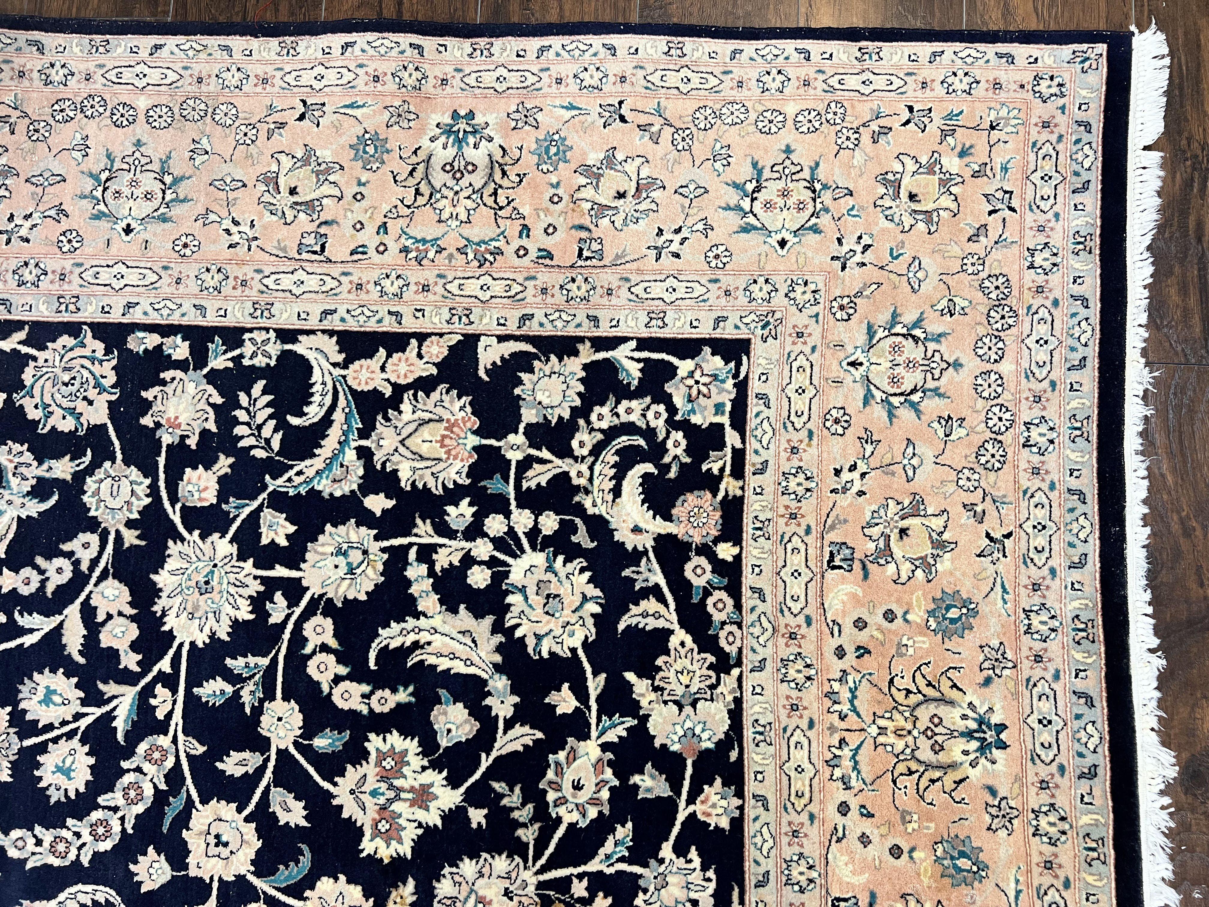 Pak Persian Rug 8x11, Fine Floral Allover Oriental Carpet 8 x 11 ft, Dark Blue and Pink, Room Sized Wool Vintage Rug, Hand Knotted Rug - Jewel Rugs