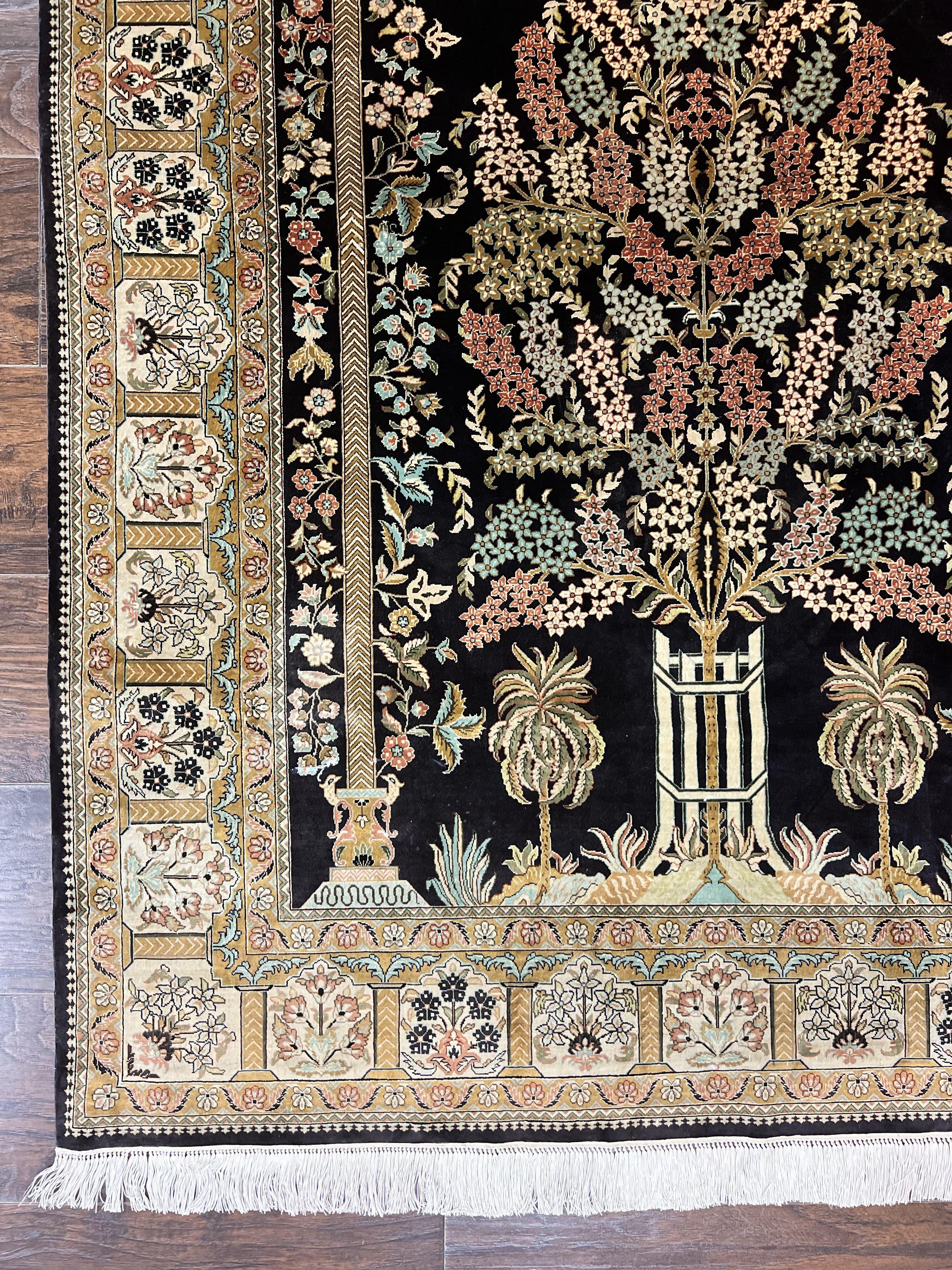 Wonderful Sino Persian Silk Rug 4x6, Tree of LIfe Design, Masterpiece 575 KPSI, Birds, Prayer Rug, Black, Silk on Silk - Jewel Rugs