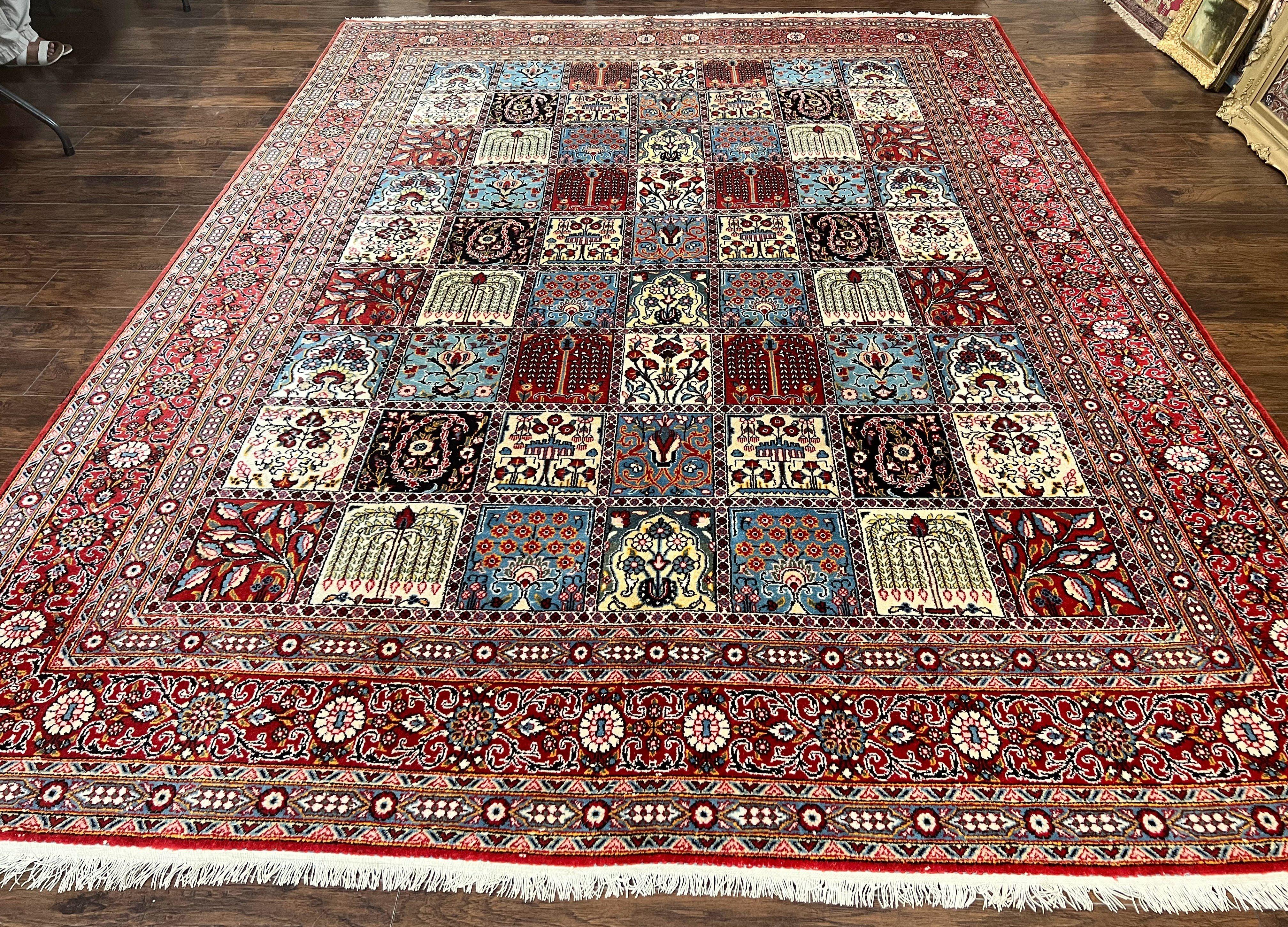 Persian Qum Rug 9x13, Multicolor Panel Design, Red Blue Cream, Hand Knotted Vintage Large Wool Rug - Jewel Rugs