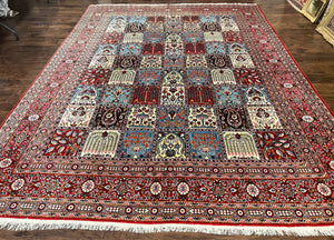 Persian Qum Rug 9x13, Multicolor Panel Design, Red Blue Cream, Hand Knotted Vintage Large Wool Rug