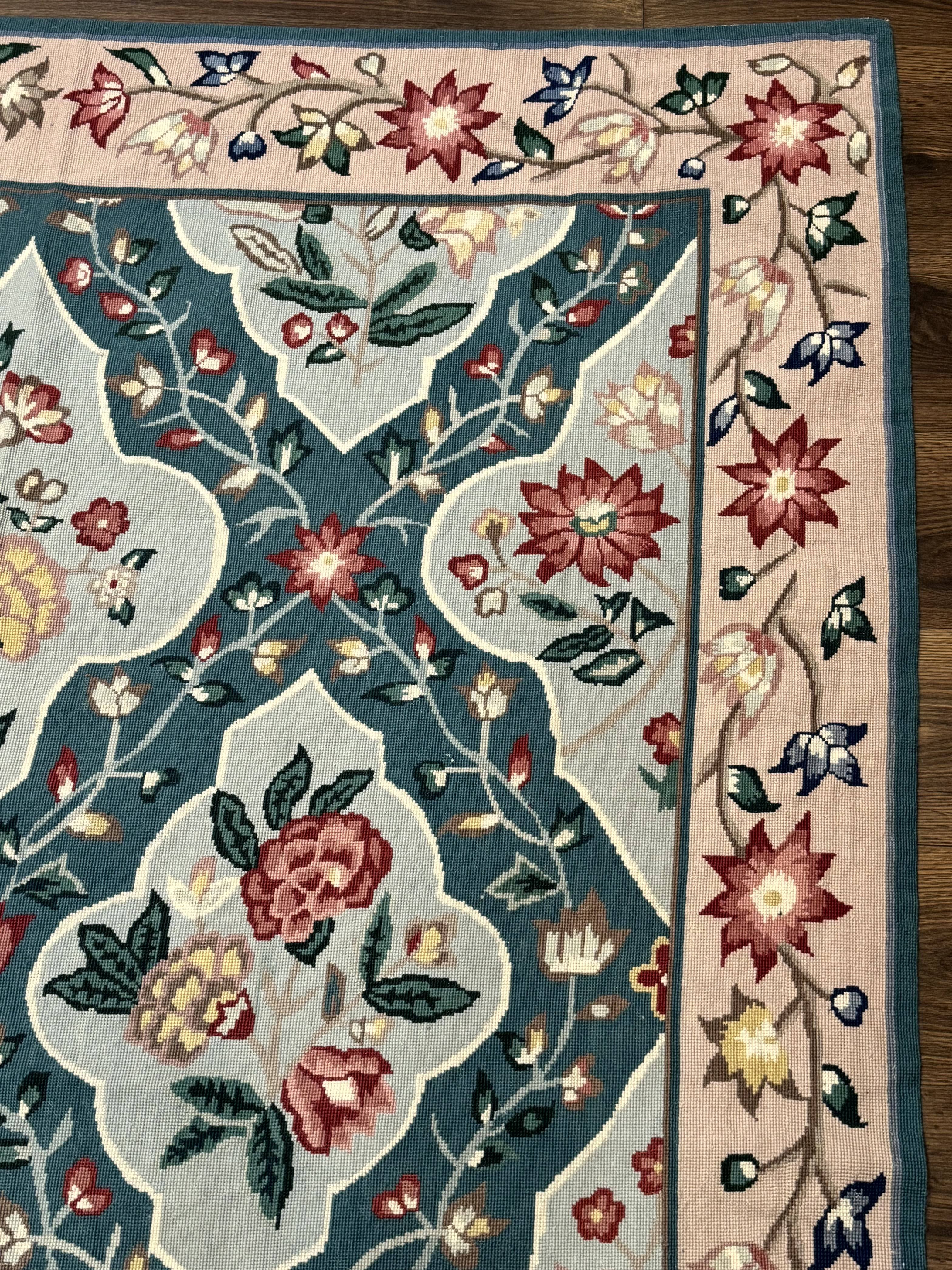 Teal Needlepoint Rug 6x9, Panel Design, Floral Bouquets, Handmade - Jewel Rugs