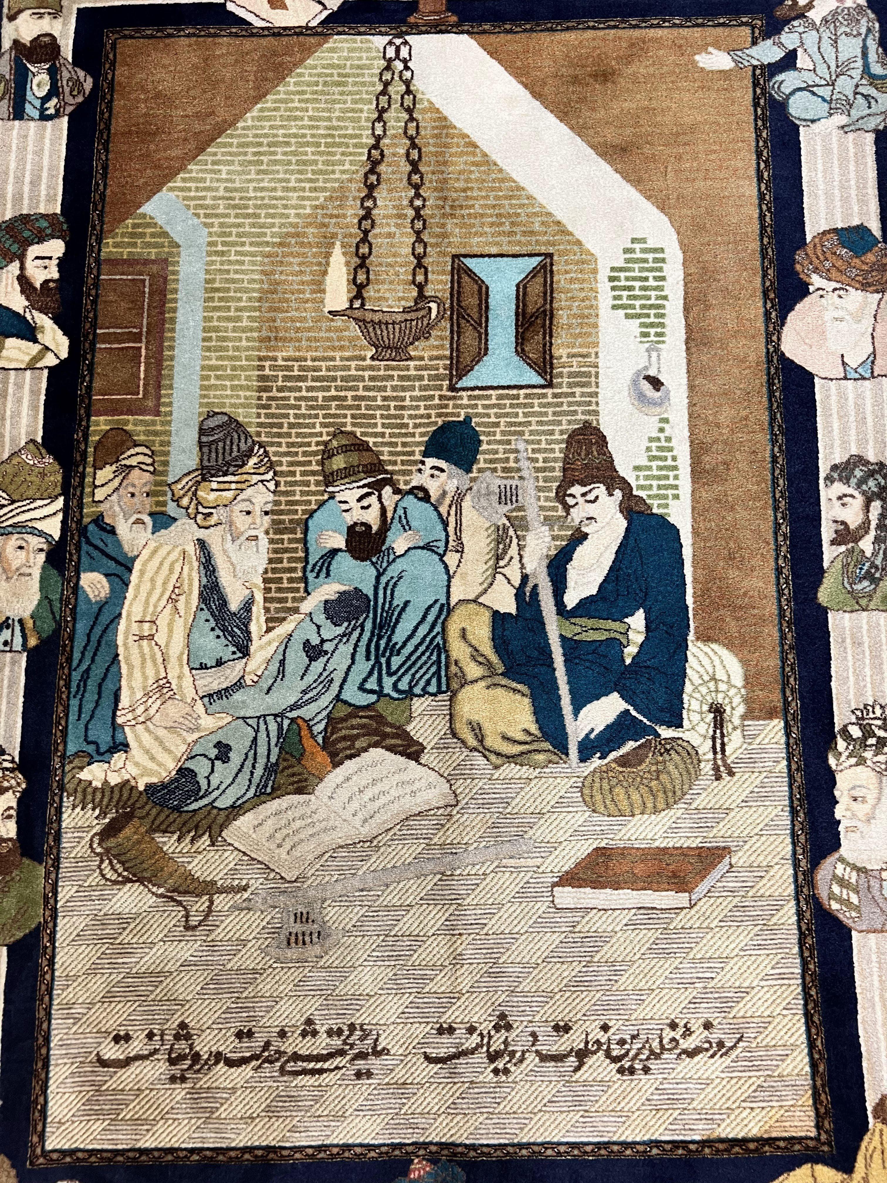 Persian Tabriz Pictorial Rug 3x5, Wall Hanging Carpet, Very Fine 60 Raj 475 KPSI, Hand Knotted Vintage Semi Antique, Wool, Persian Poetry - Jewel Rugs