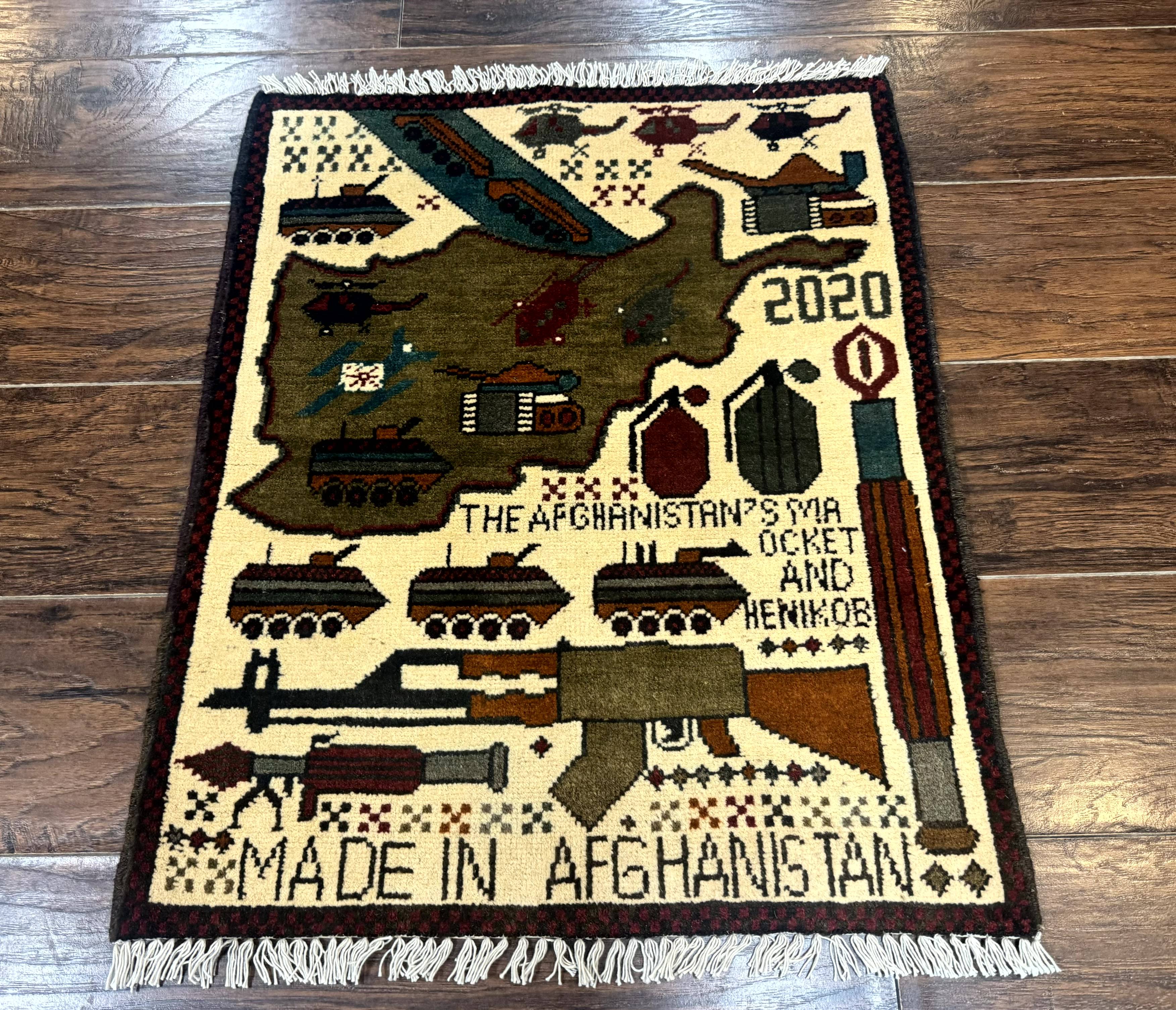 Afghan War Rug, Helicopters Tanks Guns, Handmade, Wool, 2x3 - Jewel Rugs