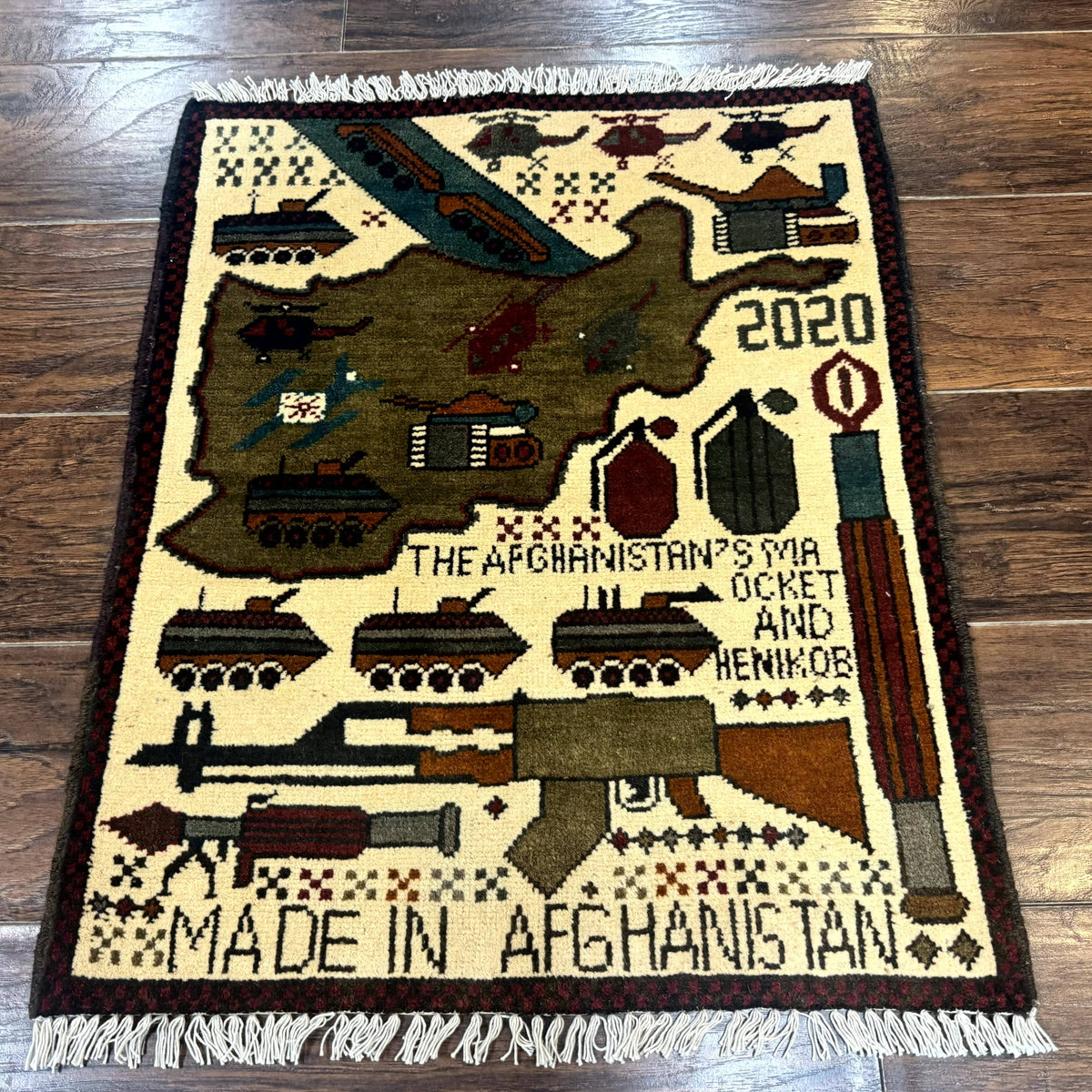 Afghan War Rug, Helicopters Tanks Guns, Handmade, Wool, 2x3 – Jewel Rugs