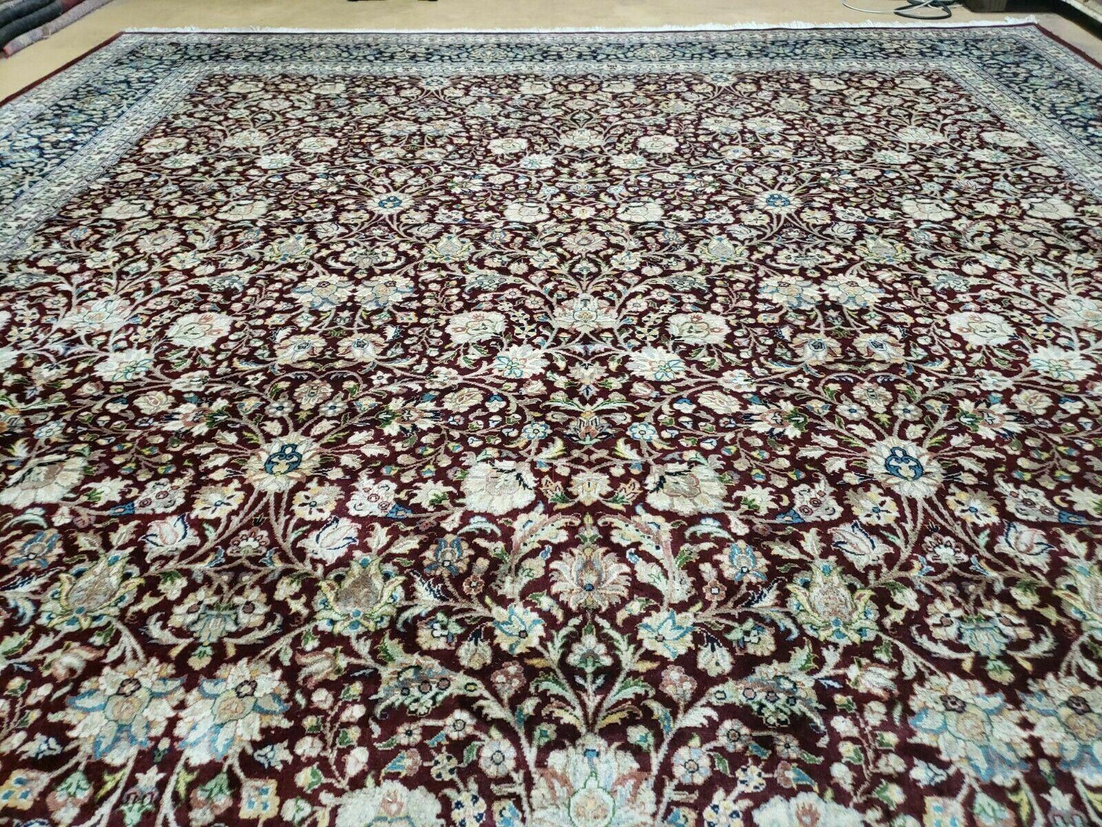 Persian Rug 9x12, Floral Allover, Very Fine, Handmade, Room Sized Oriental Carpet, Sino Persian, Maroon and Navy Blue - Jewel Rugs