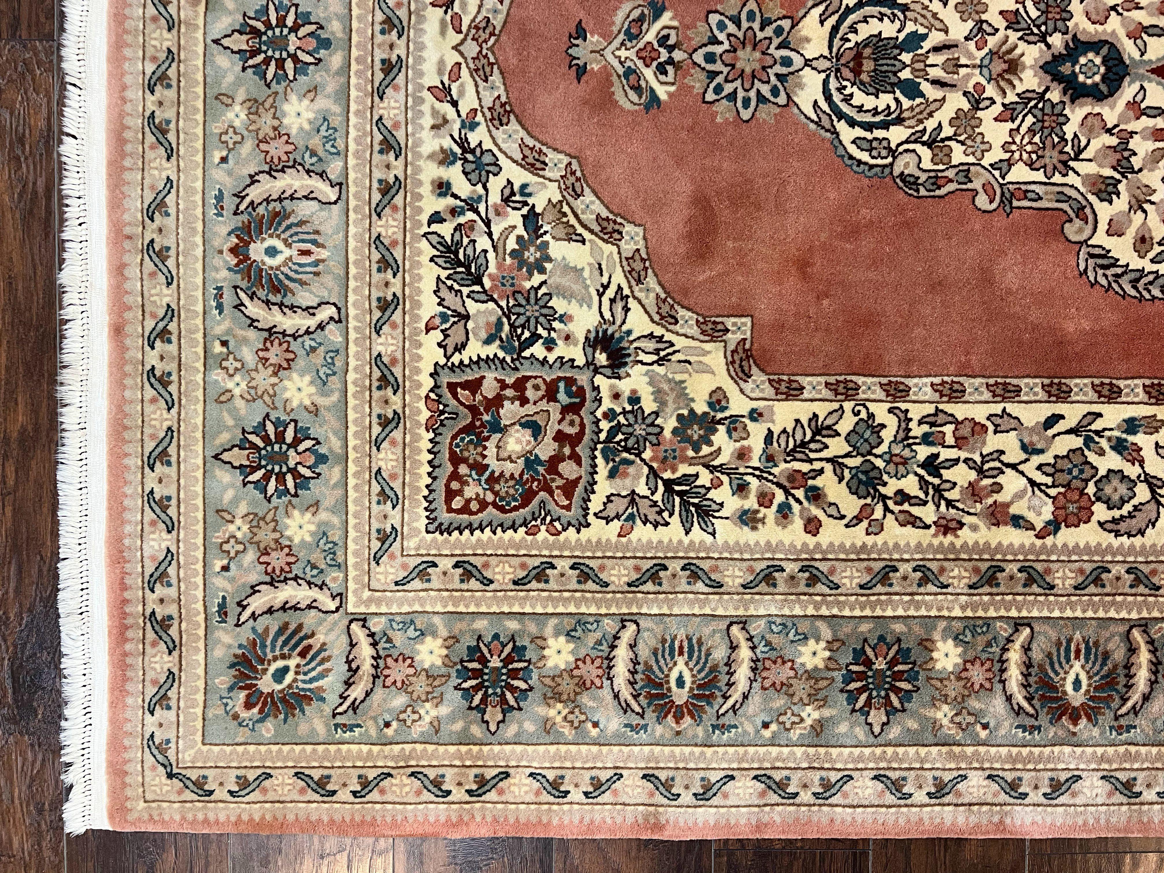 Indo Persian Rug 6x9, Semi Open Field Medallion Rug, Vintage Hand Knotted Wool Oriental Carpet, Traditional Rug, Light Pink, Medium Size - Jewel Rugs
