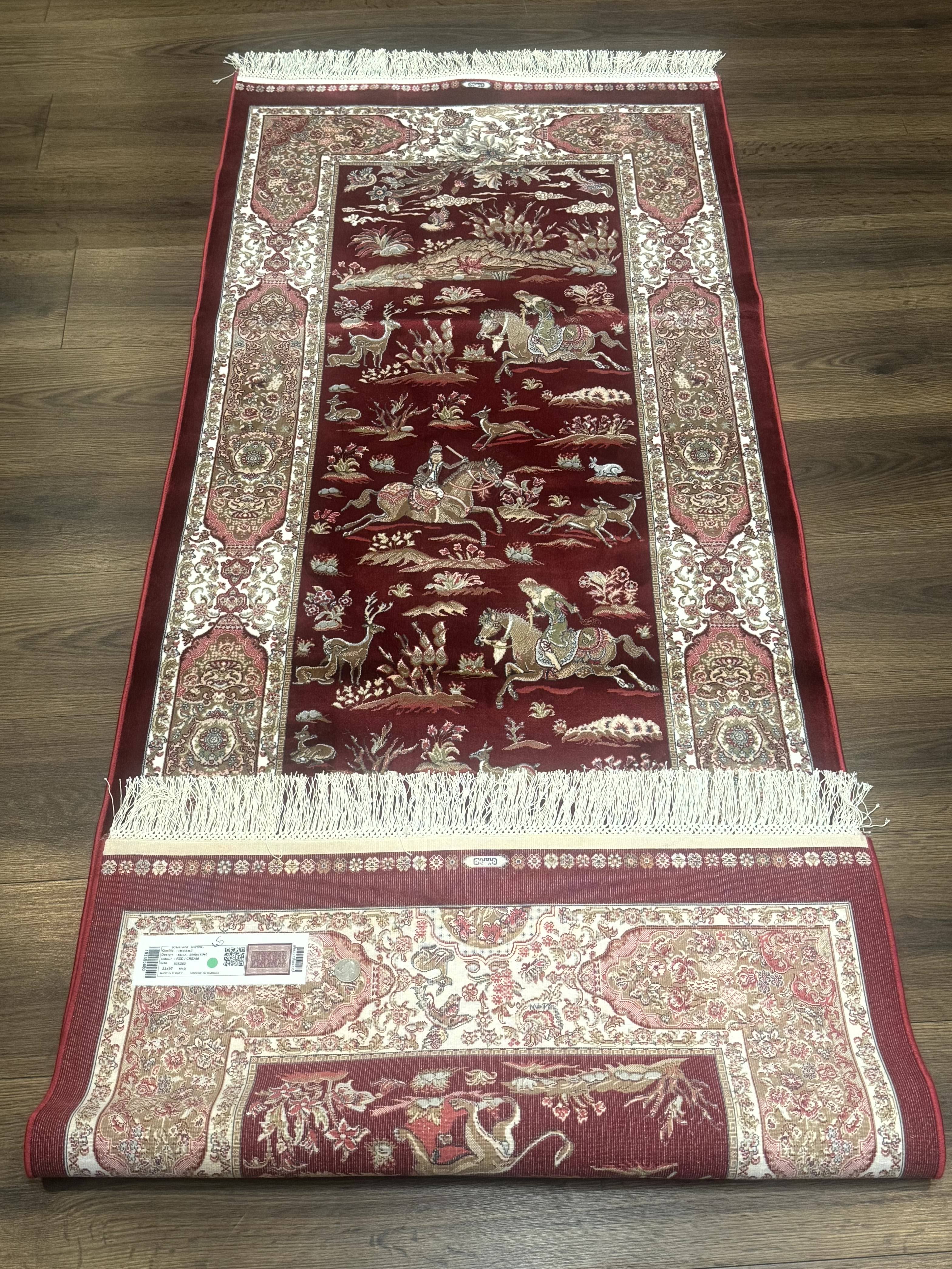 Turkish Silk Rug 2.6 x 6.7, Hunting Design, Short Runner Rug, Red & Ivory, Bamboo Silk, New - Jewel Rugs