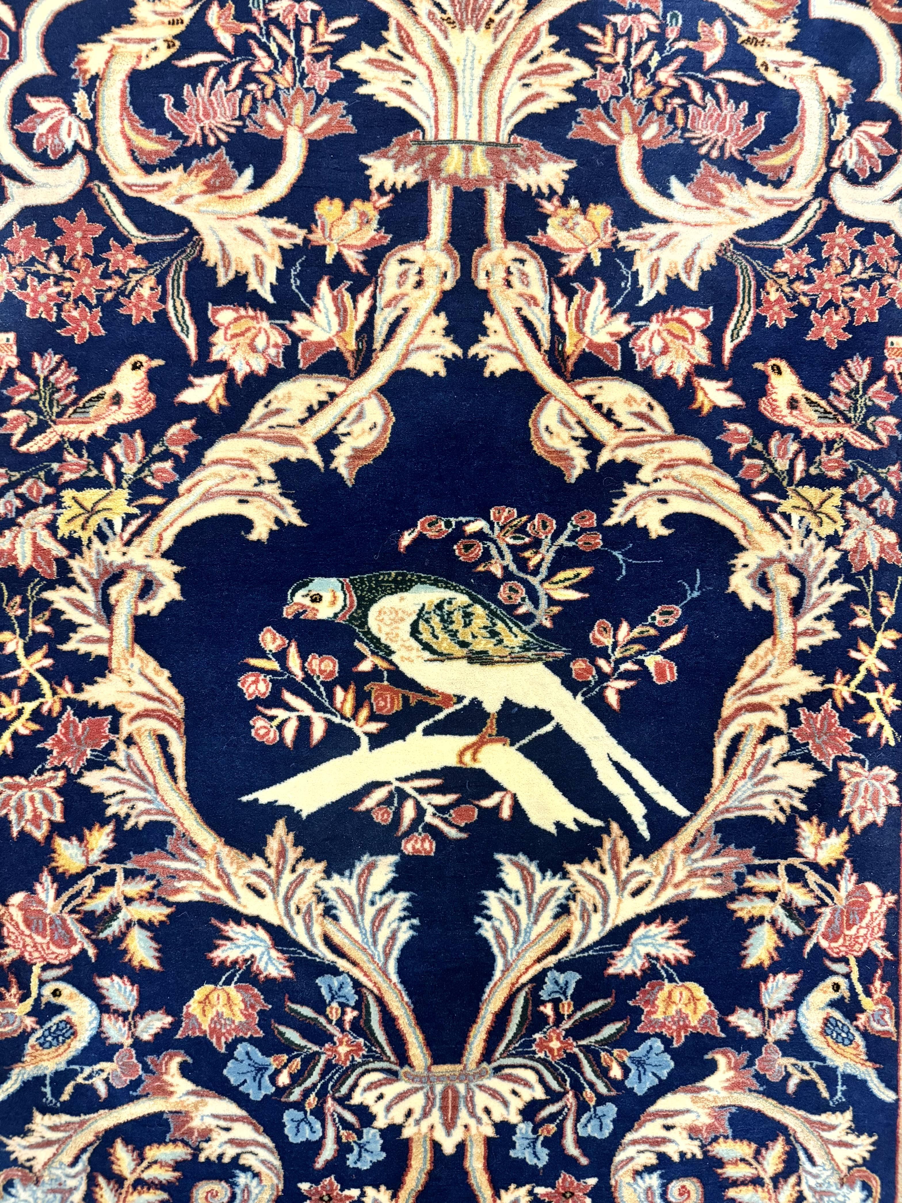 Persian Isfahan Rug 2x4, Birds, Navy Blue, Kork Wool on Silk Foundation, 460 KPSI - Jewel Rugs