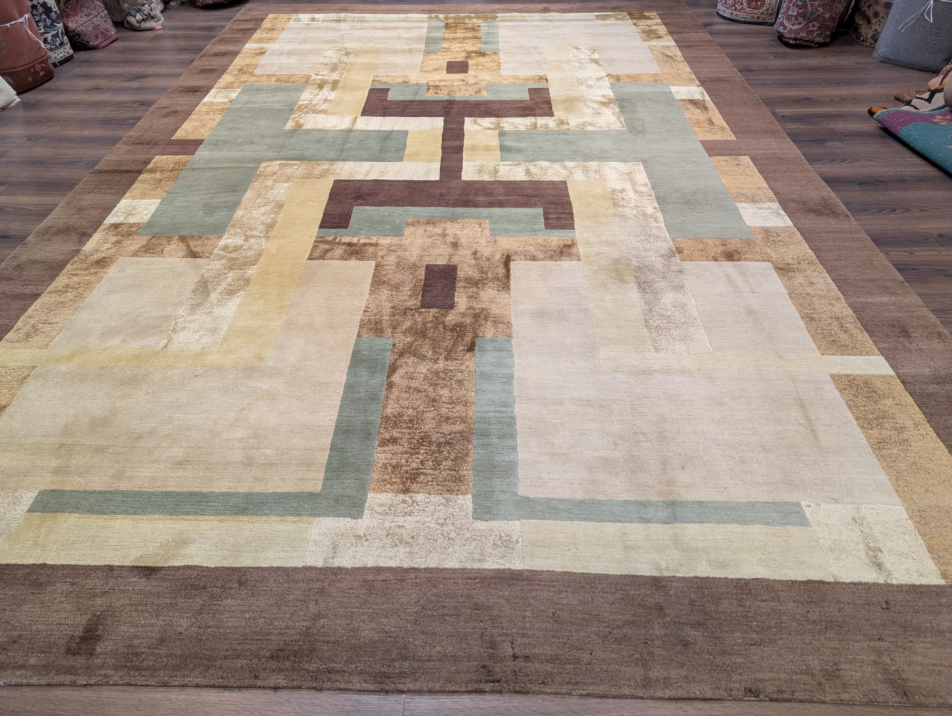 Modern Tibetan Rug 10x14, Wool, Thick Pile, Abstract Geometric, Handmade - Jewel Rugs