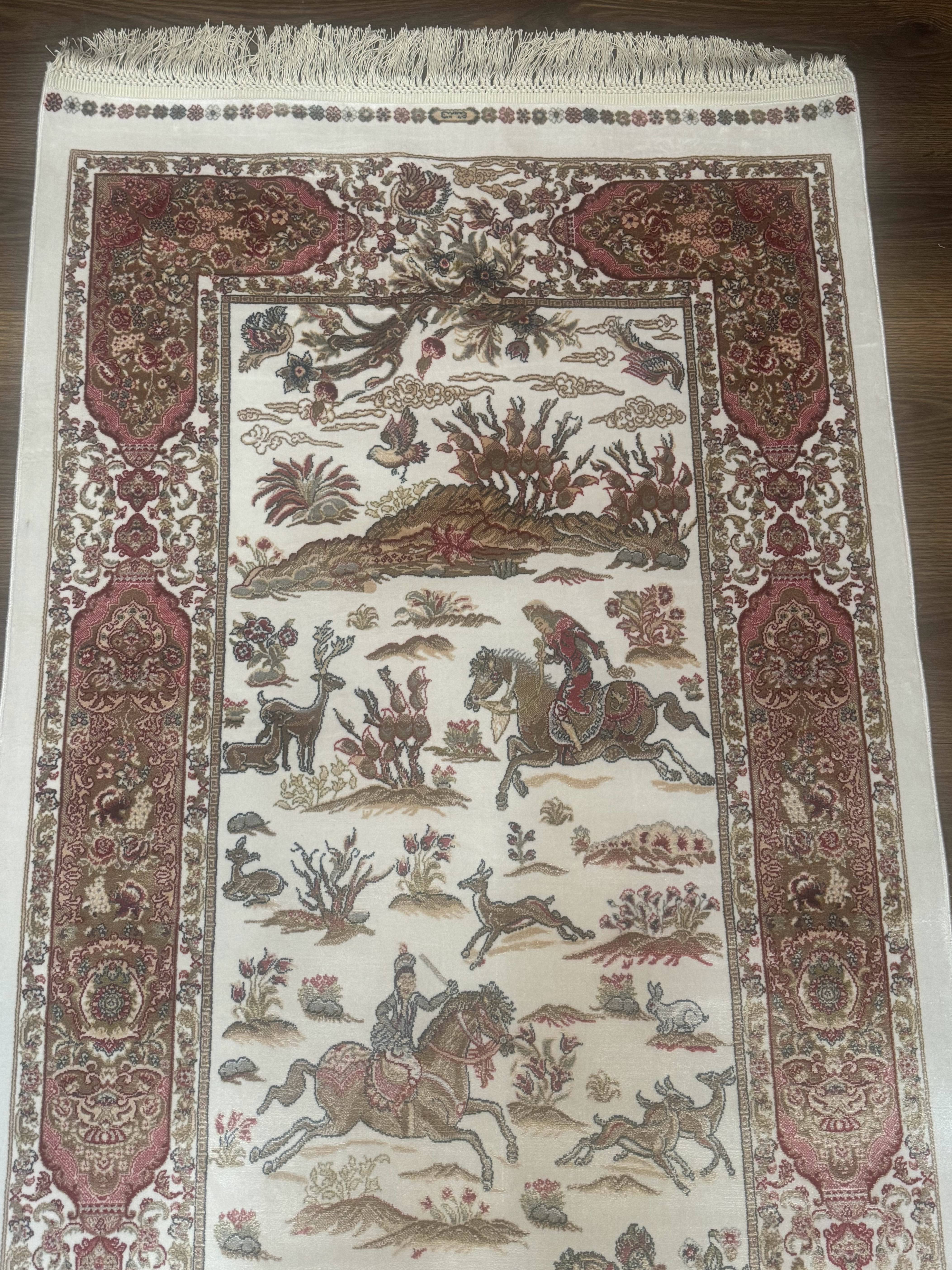 Long Turkish Silk Runner Rug 2.6 x 16.5, Hunting Design, Ivory, Bamboo Silk, New - Jewel Rugs