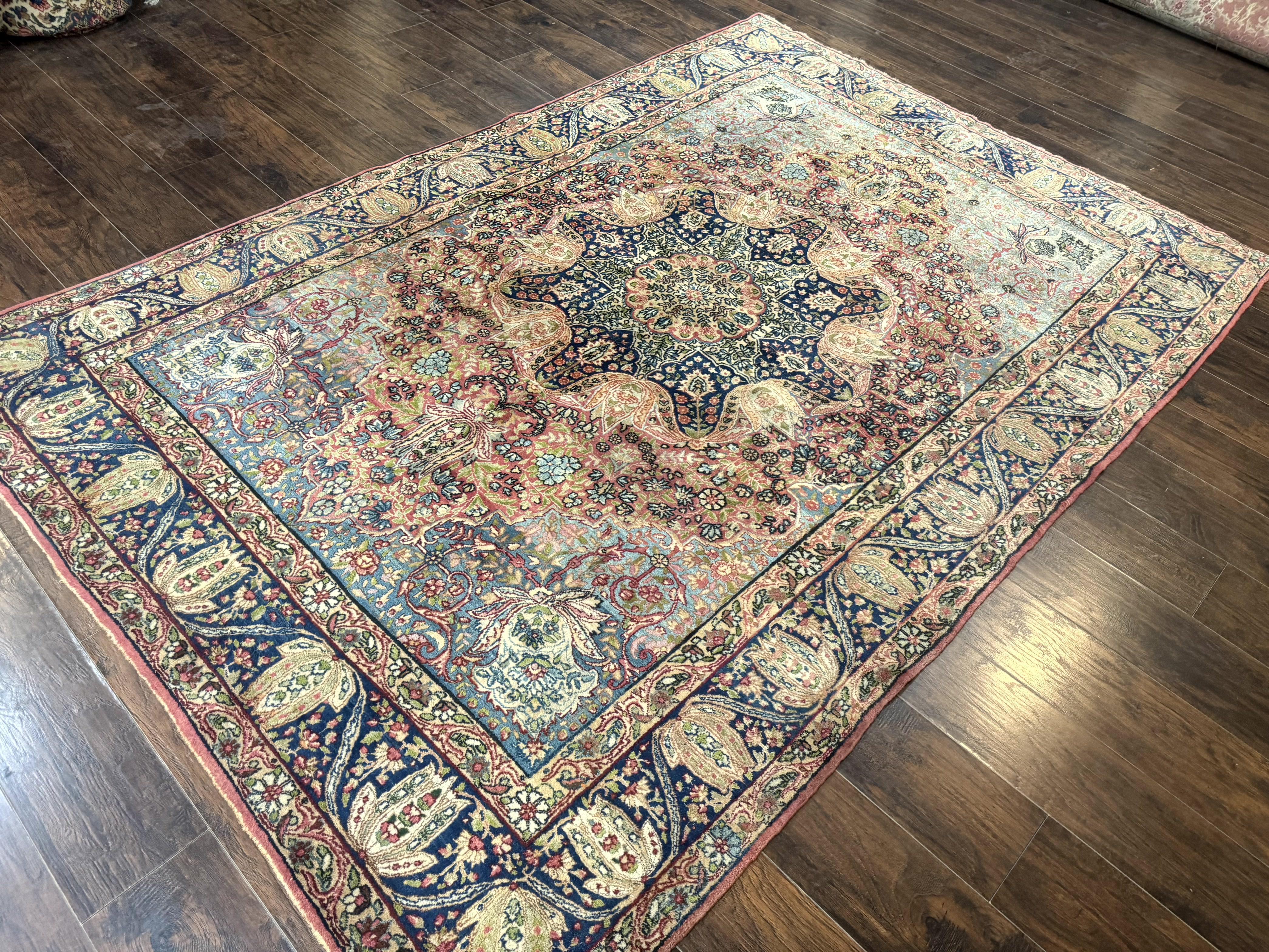 Antique Persian Kerman Lavar Rug 6x10, Colorful Navy Blue Red Light Blue, Floral, Multicolor, Very Fine, Handmade, 225 KPSI - Jewel Rugs