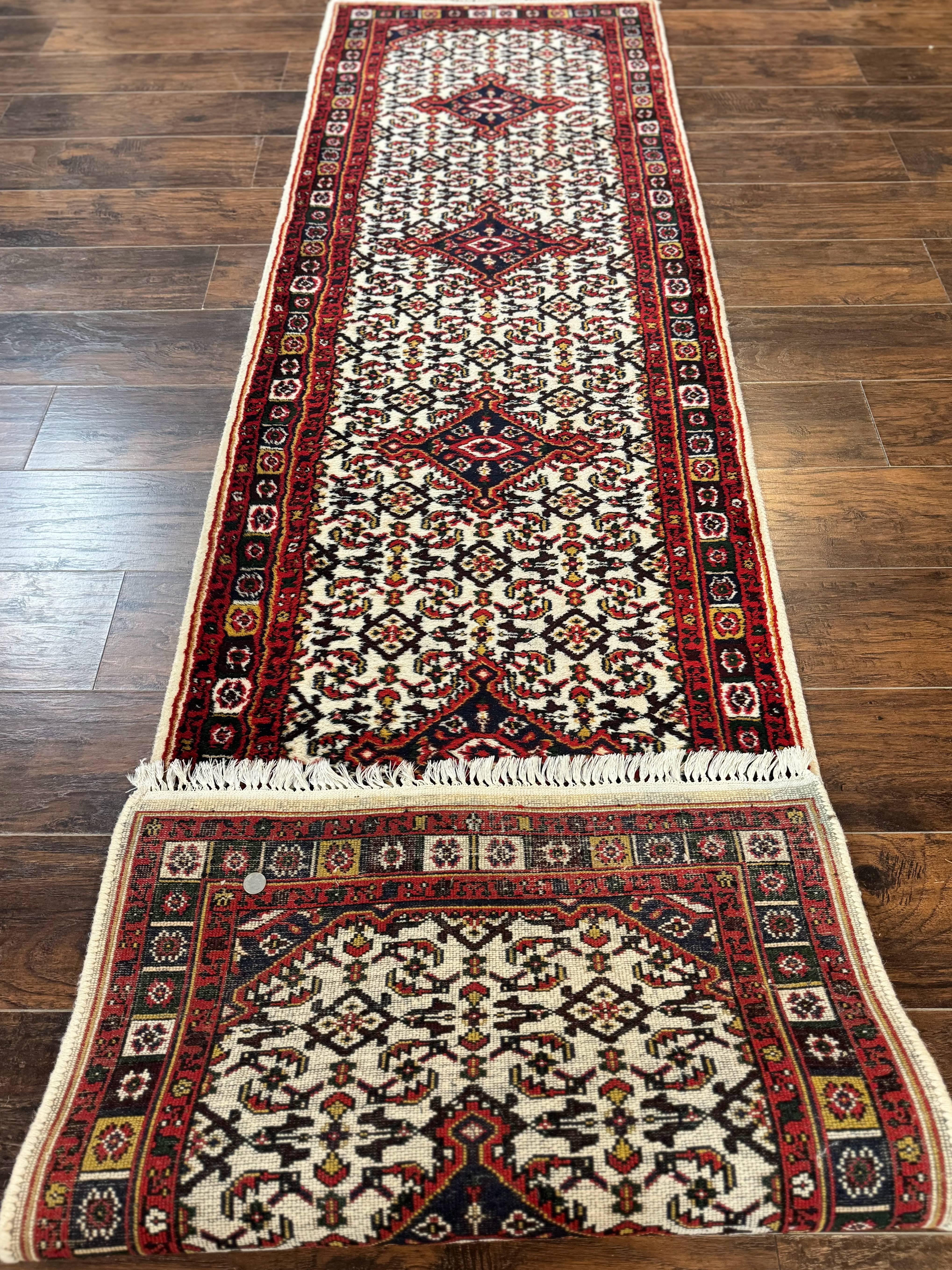 Indo Persian Bidjar Runner Rug 2.8 x 10, Vintage Rug for Hallway, 10ft Runner, Wool Handmade Ivory and Red, Medallions - Jewel Rugs