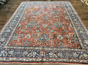Persian Sarouk Rug 9x12, Red and Dark Blue Floral Allover Antique Persian Carpet, Handmade Wool Qazvin Rug