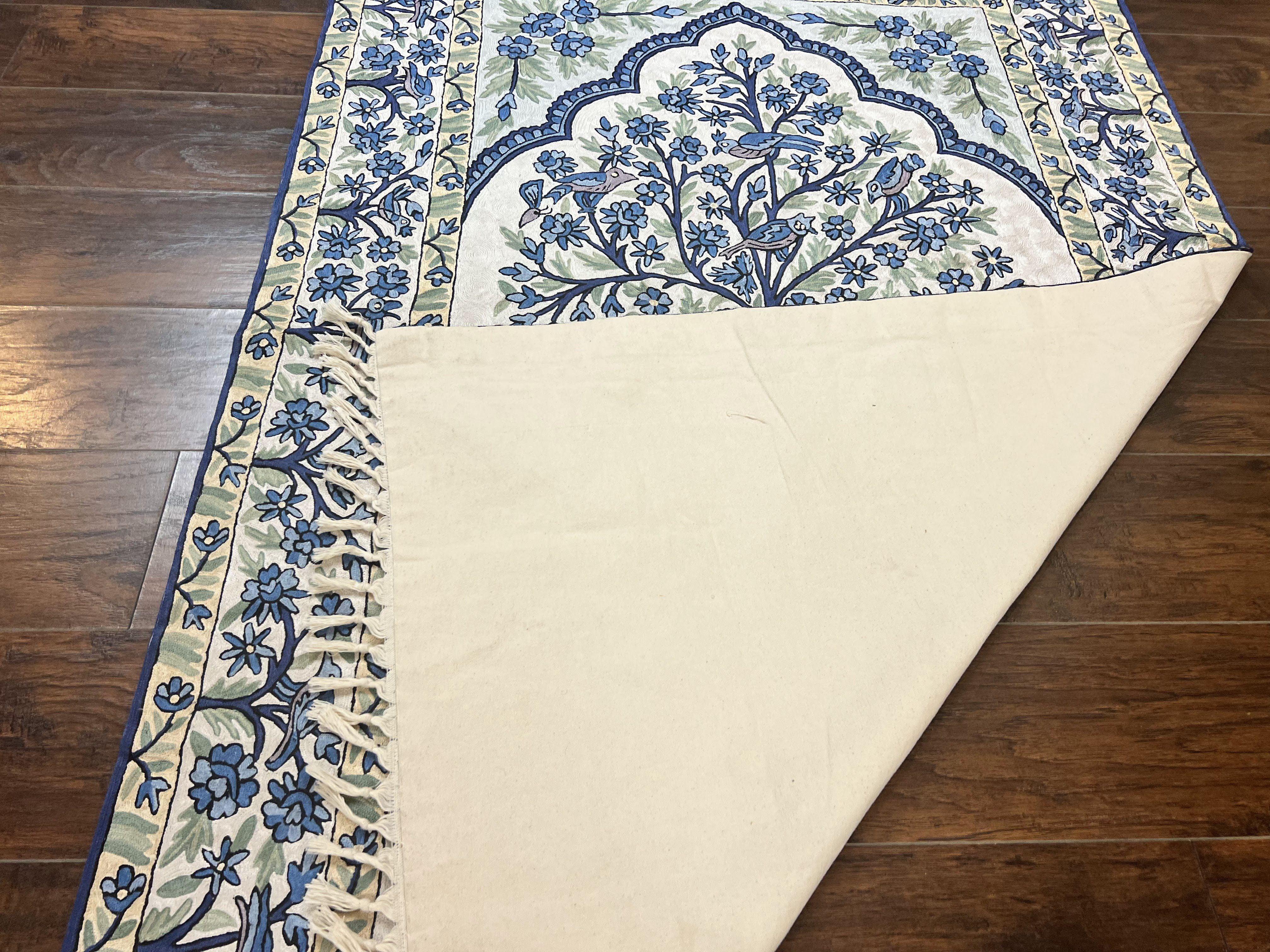 Tree of Life Indian Hand Stitched Rug 4x6, Indian Wall Hanging Rug, Ivory Blue, Silk on Cotton, Vintage - Jewel Rugs