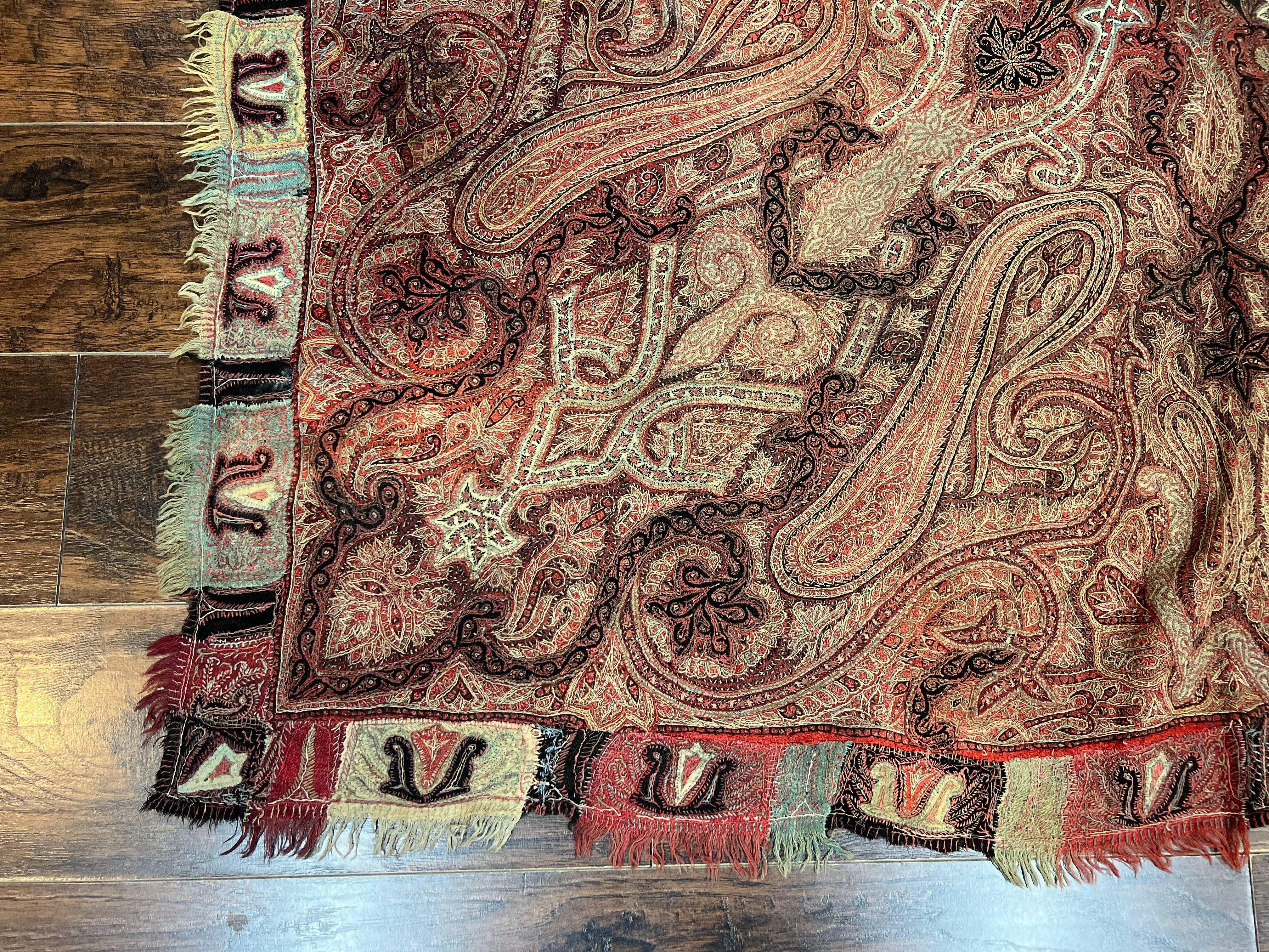 Antique Indian Kashmiri Shawl, Needlework, Signed By Masterweaver, Handmade, Rare - Jewel Rugs