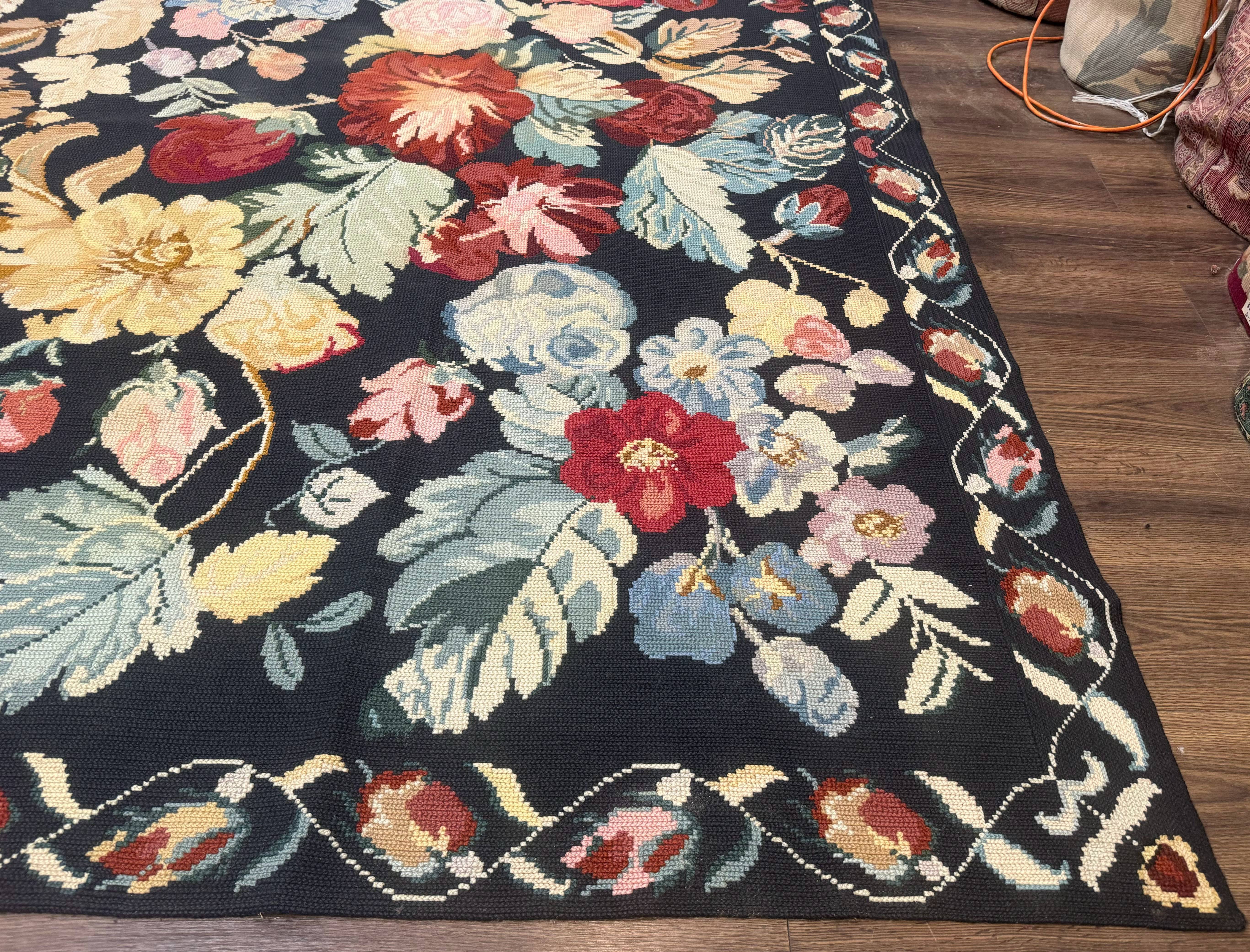 Palace Size Needlepoint Rug 12x18, Vintage Spanish Portuguese Carpet, Floral Design - Jewel Rugs