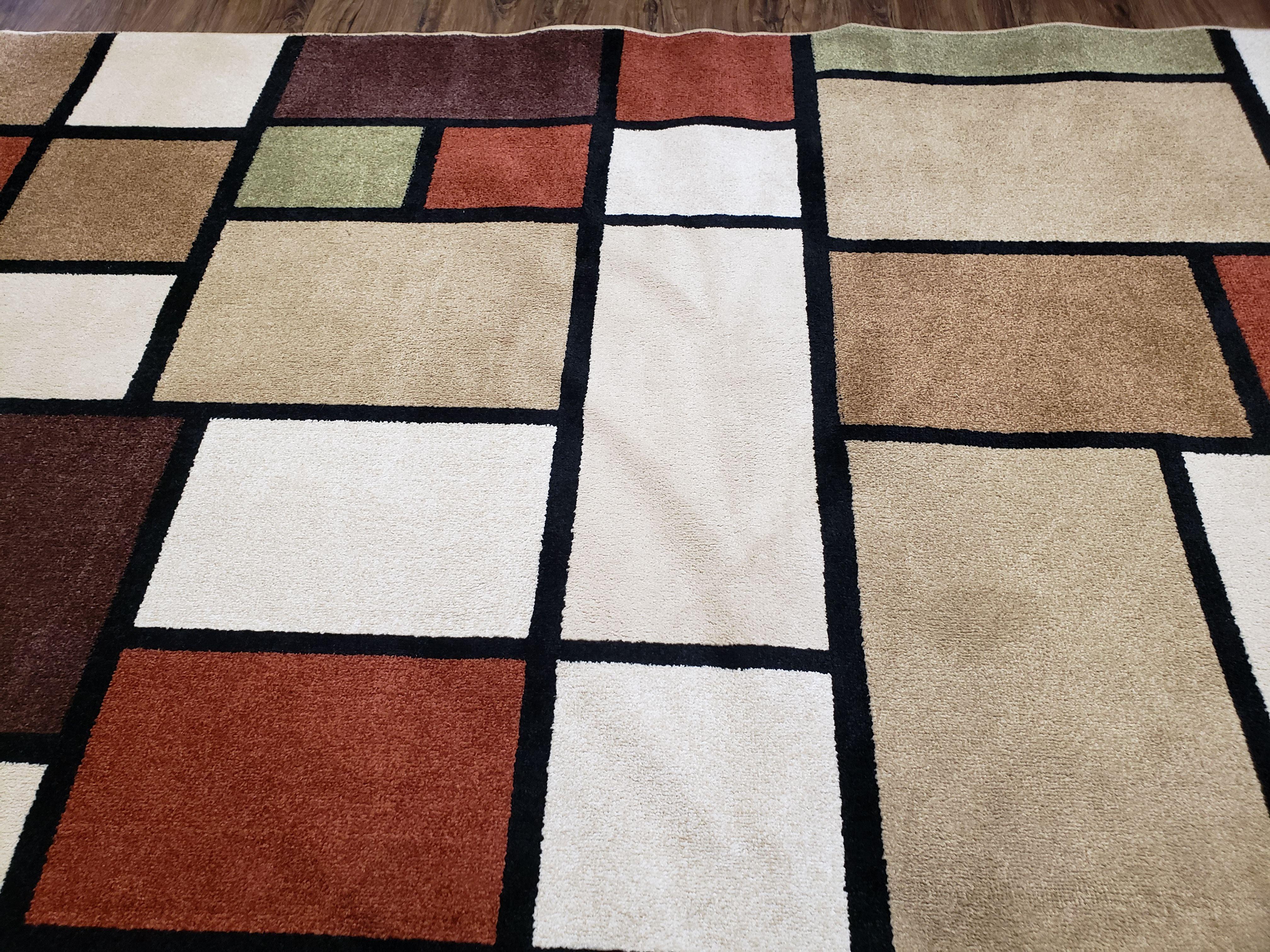 8x12 Modern Area Rug, Abstract Geometric Design 8 x 12 Area Carpet, Tan, Cream, Maroon, Nice - Jewel Rugs