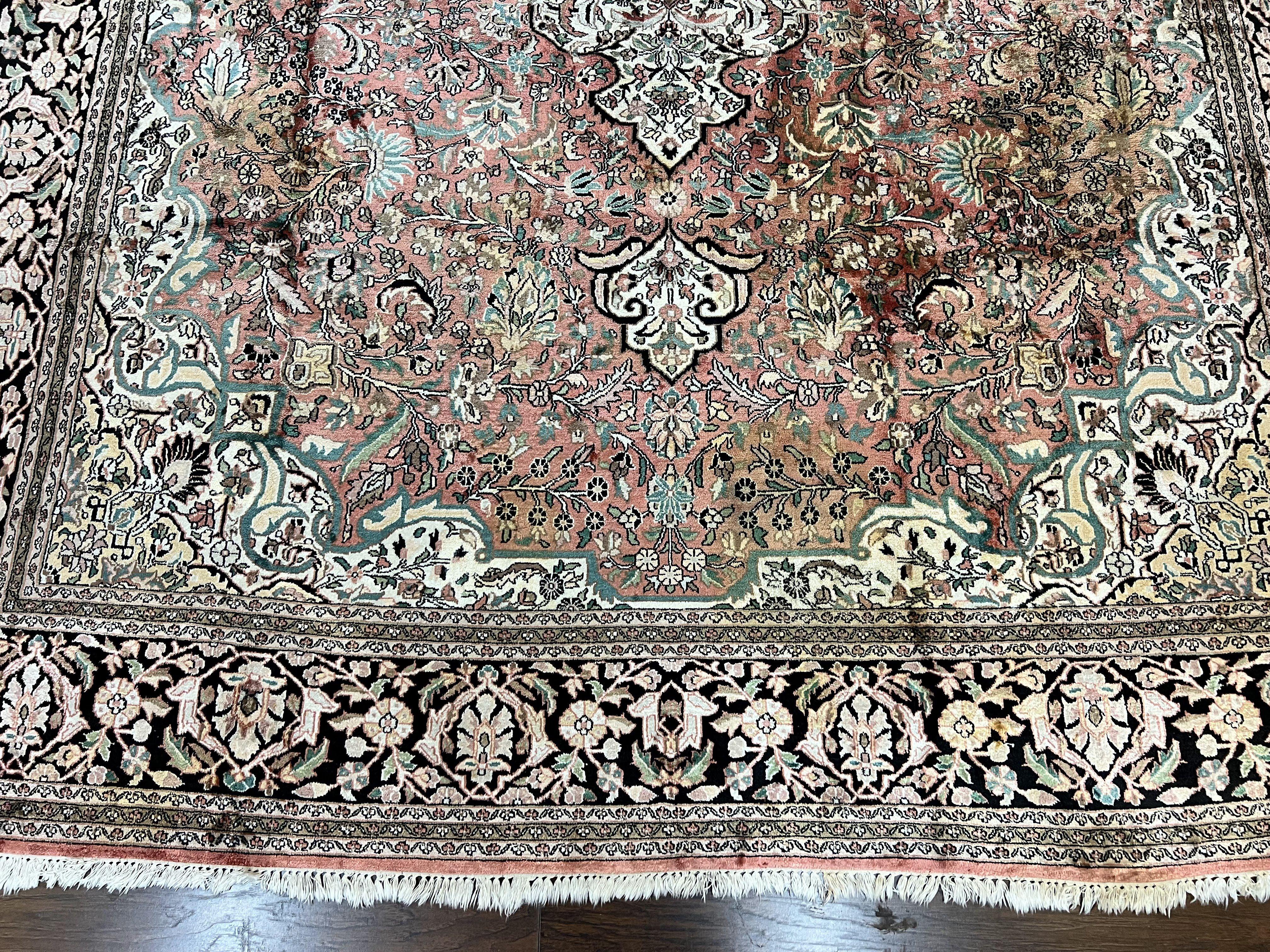 Indian Kashmiri Silk Rug 9x12, Vintage Rug 9 x 12 ft, Salmon Ivory Black Hand-Knotted Silk on Cotton Oriental Floral Carpet, Traditional Rug - Jewel Rugs