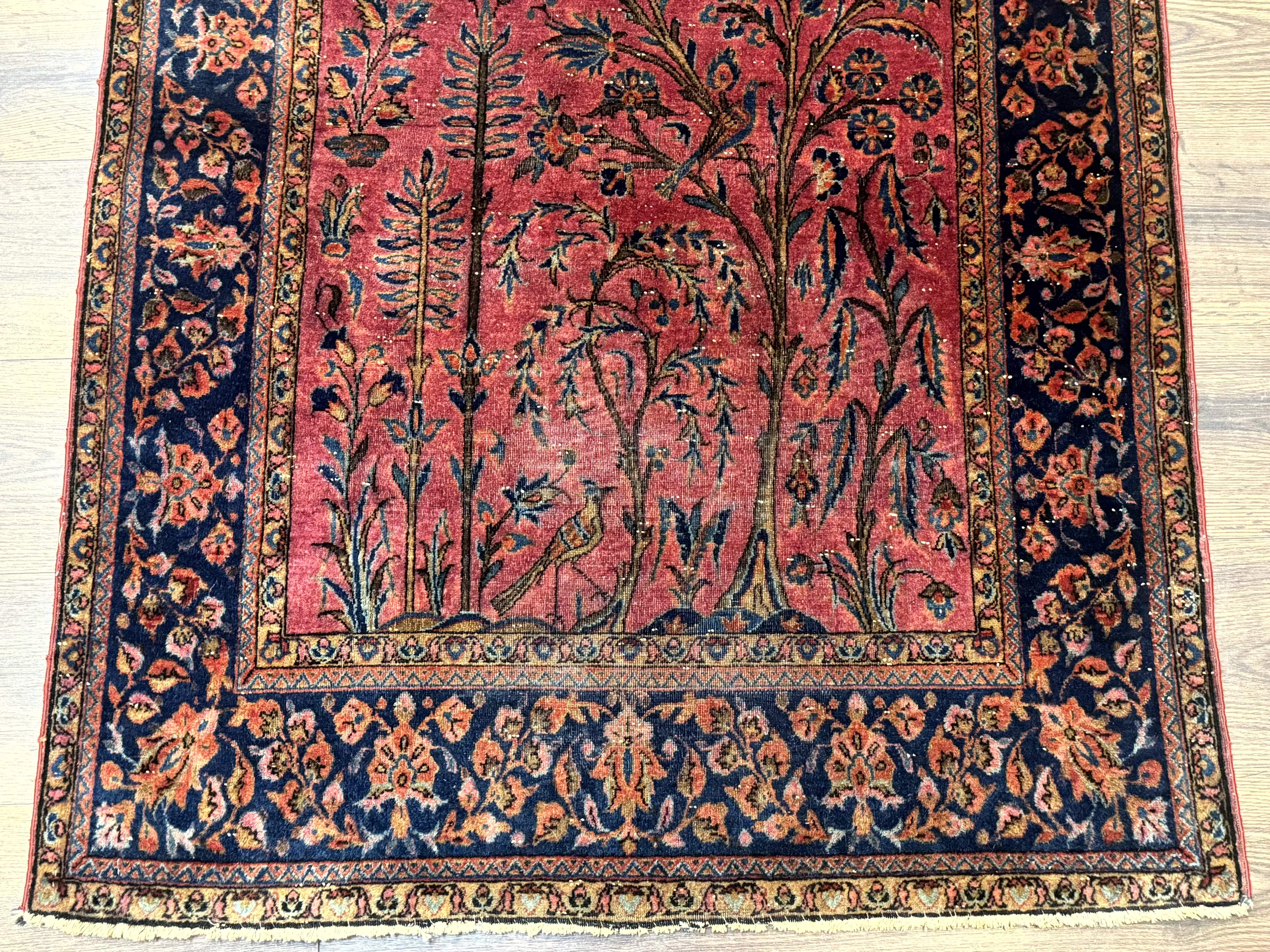 Antique Persian Tree of Life Rug 3x5, Manchester Wool, Bird Pictorials, Fine 240 KPSI, Red Navy Blue - Jewel Rugs