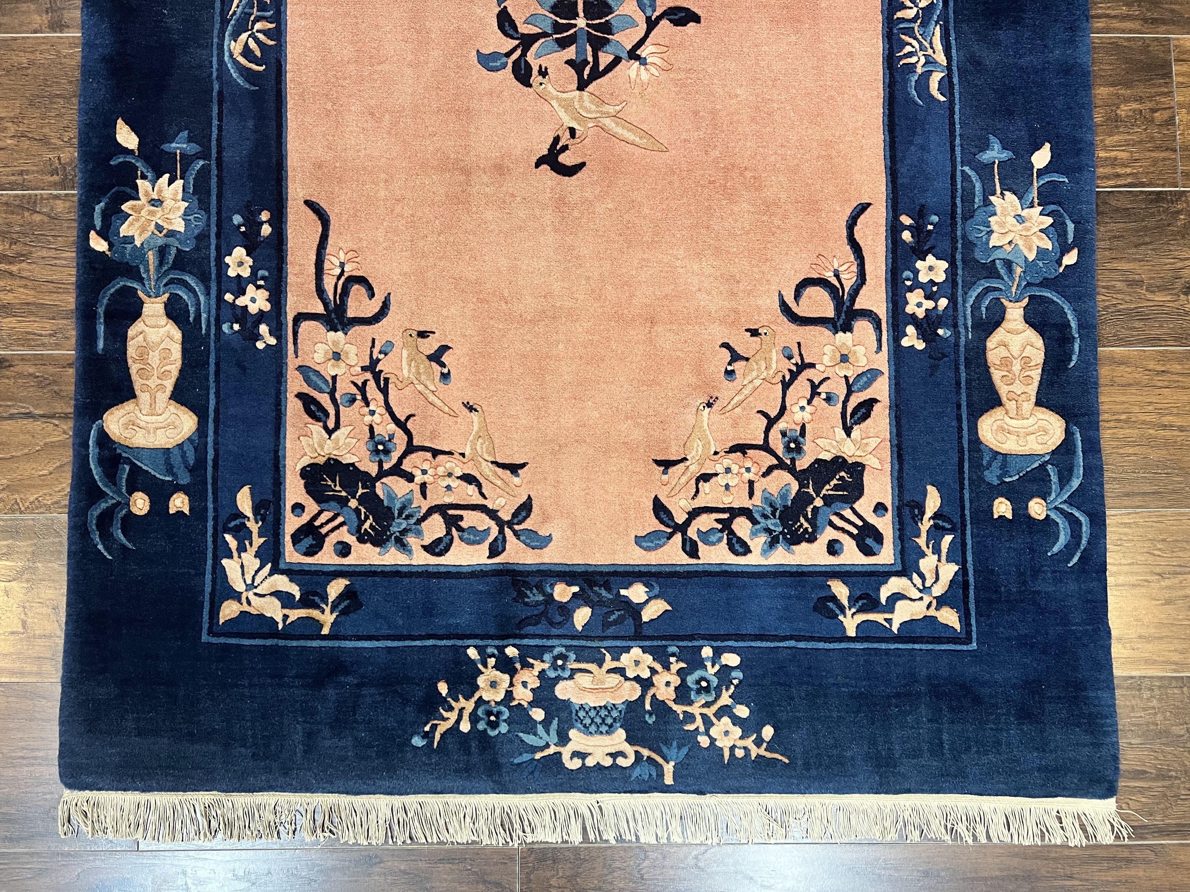 Antique Chinese Peking Rug 4x6, Vases & Bird Motifs, Navy Blue, Handmade Wool Asian Oriental Art Deco Carpet - Jewel Rugs
