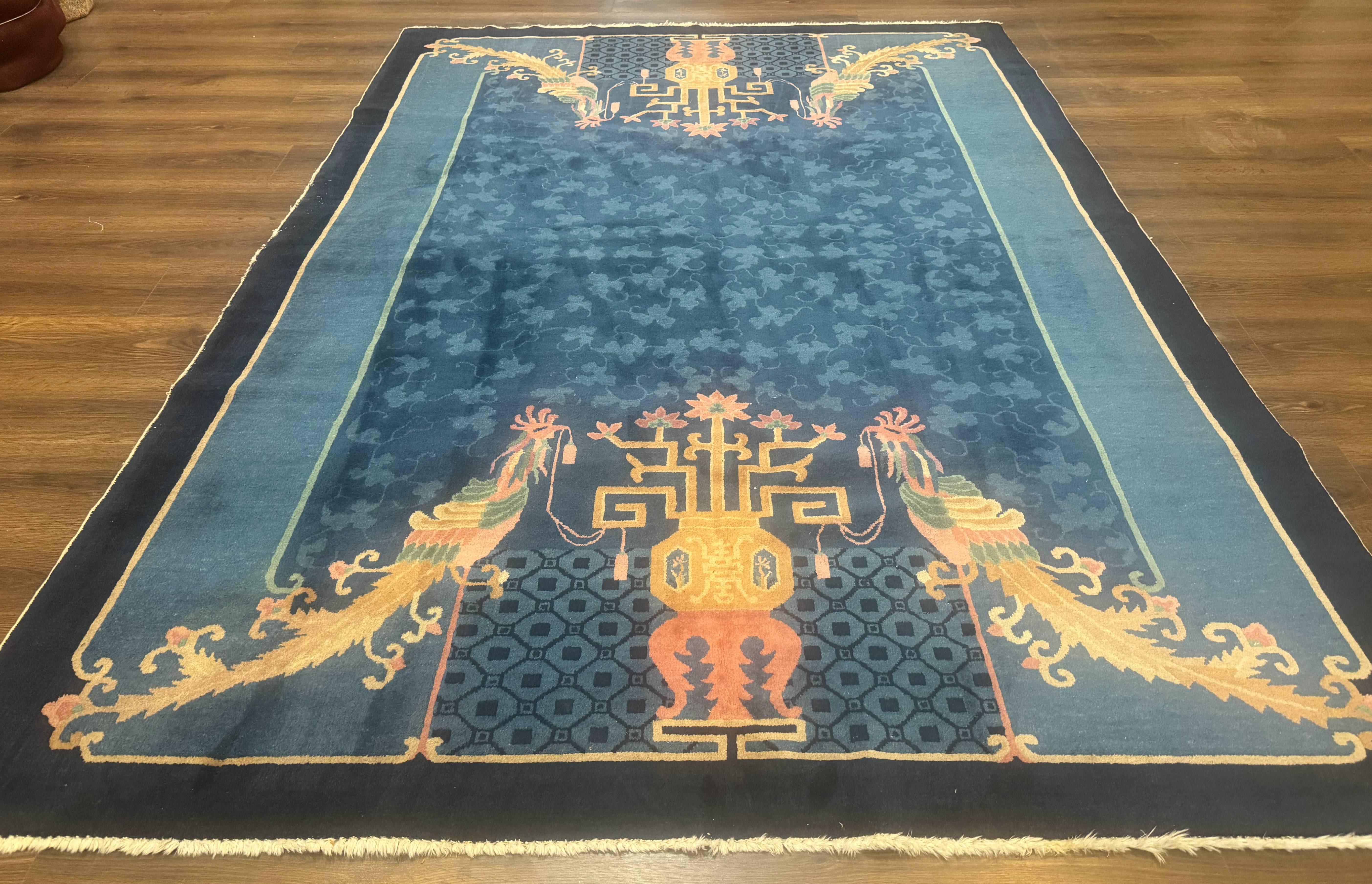 Blue Chinese Wool Rug 6x9, Chinese Peking Rug, Peacocks and Vases, Vintage Carpet - Jewel Rugs