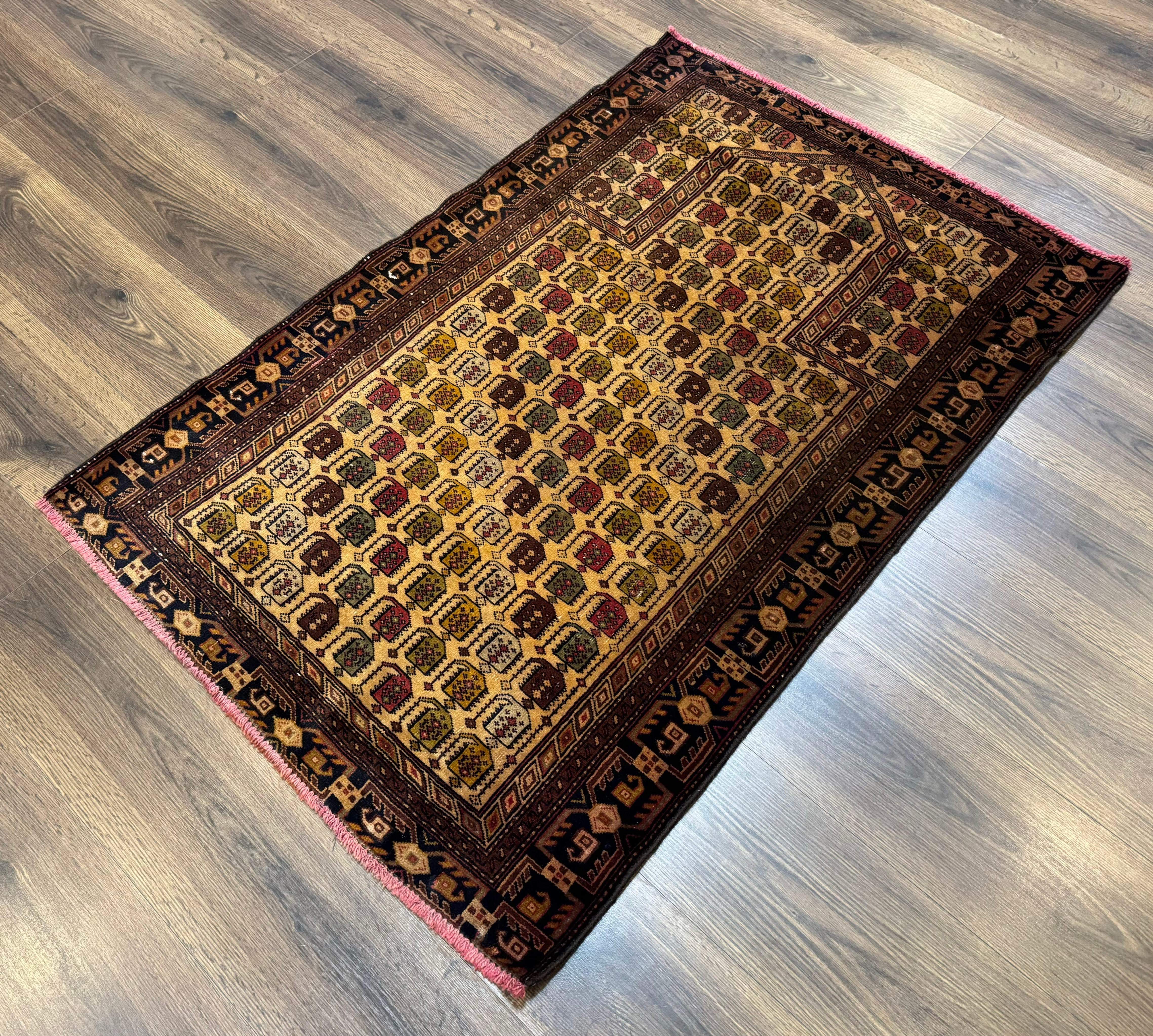 Persian Baluchi Prayer Rug 3x5 – Repeated Boteh Design, Golden-Tan, Handmade Wool Carpet - Jewel Rugs