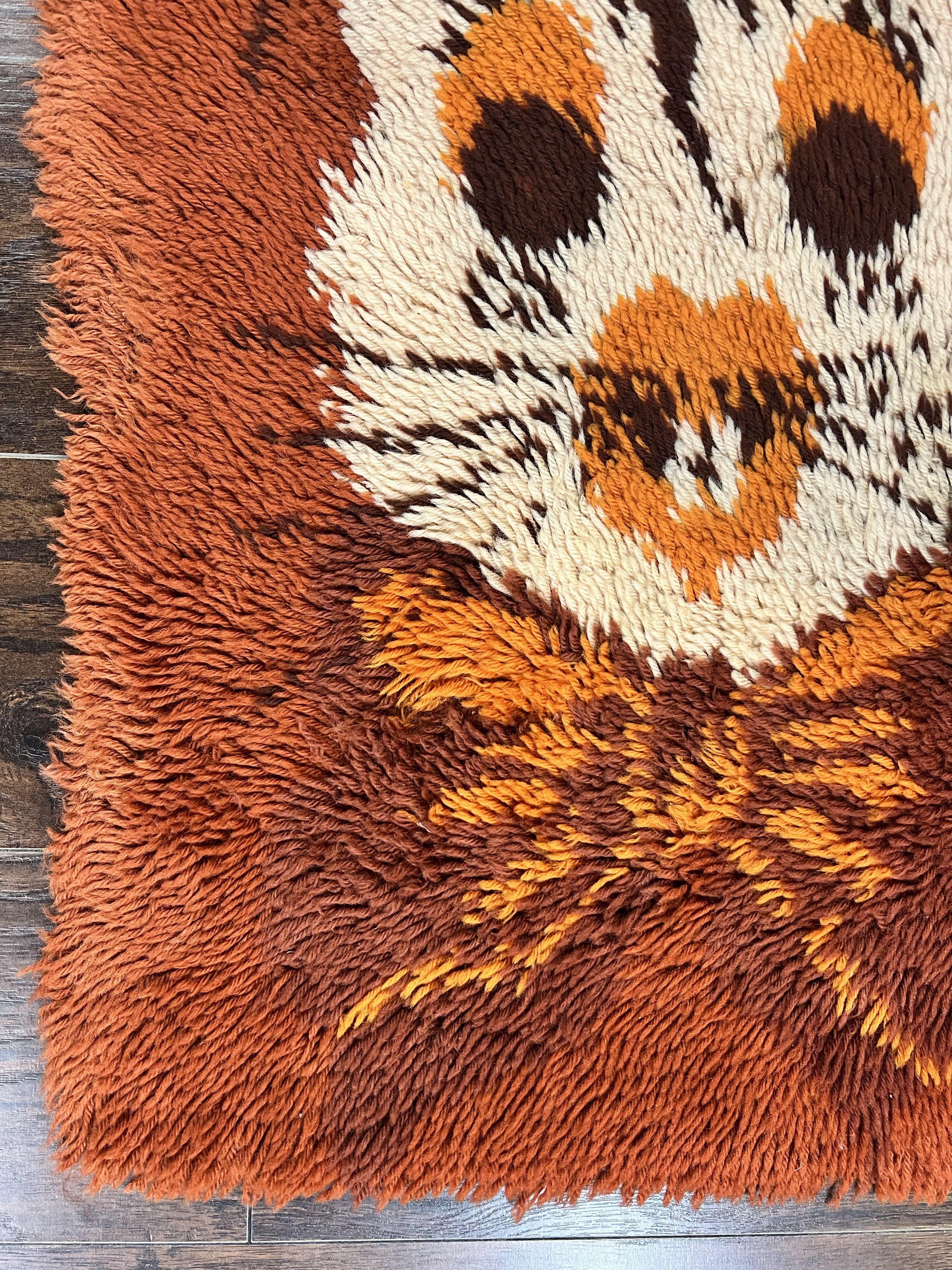 Rya Shag Rug 2x4, Rabbit in Top Hat, Wool, Orange, Vintage 1960s Danish Shag Rug - Jewel Rugs