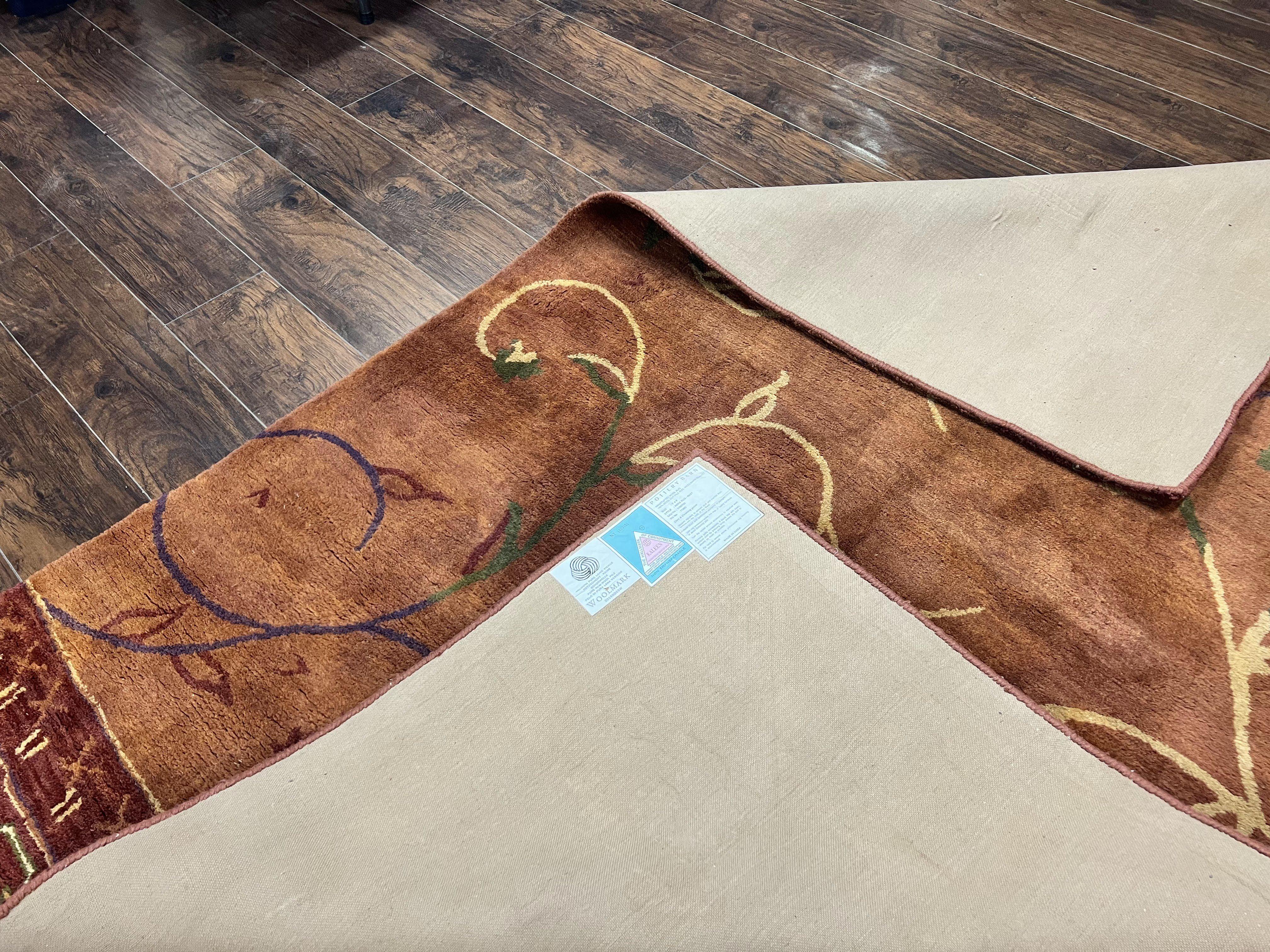 Pottery Barn Rug 5x8, Vintage Hand Tufted Carpet, Wool and Silk, Rust & Maroon - Jewel Rugs