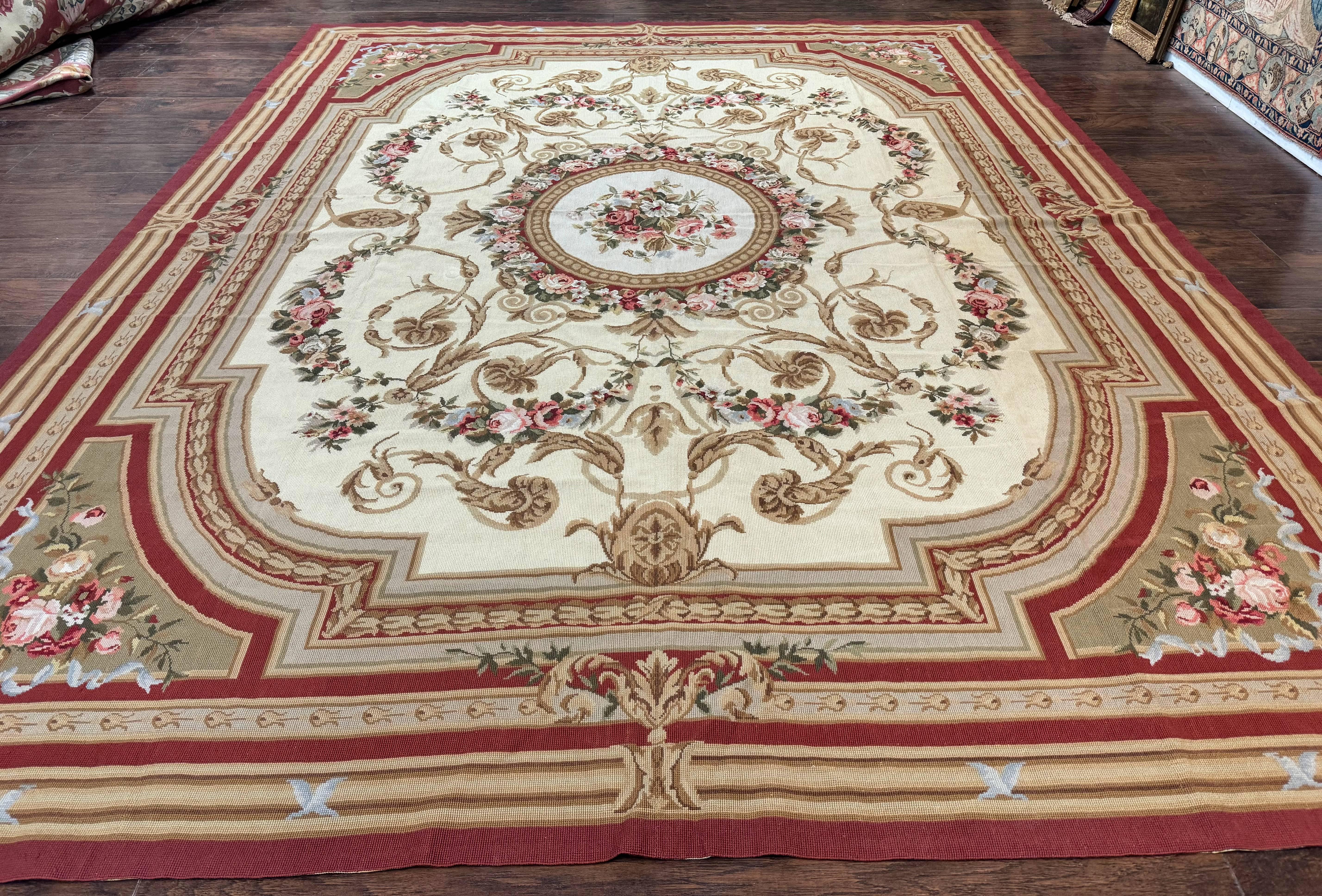 Aubusson Needlepoint Rug 9x11, Handmade Vintage Wool Flatweave Carpet, Elegant European Rug, Floral, Cream - Jewel Rugs