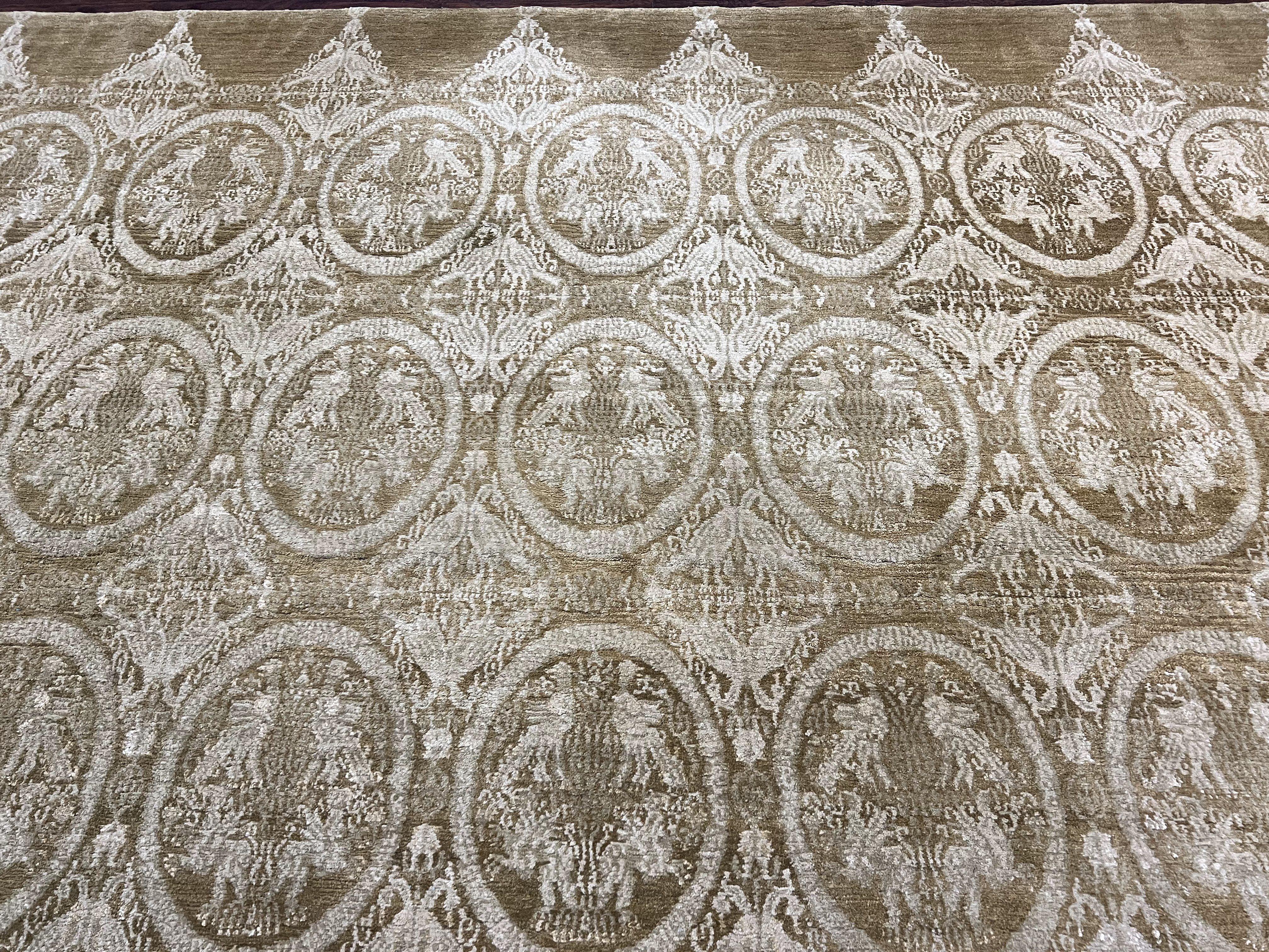 Tibetan Rug 12x15, Wool Hand Knotted Carpet, Odegard Rug, Birds, Olive Green, 12 x 15 Oversized Handmade Contemporary Area Rug, Extra Large - Jewel Rugs