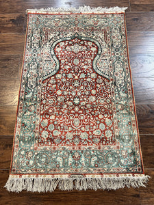 Silk Turkish Hereke Rug 2.7 x 4, Small Turkish Prayer Rug, Finely Hand Knotted, Red, Floral, Vintage, Signature from Master Weaver, 450 KPSI