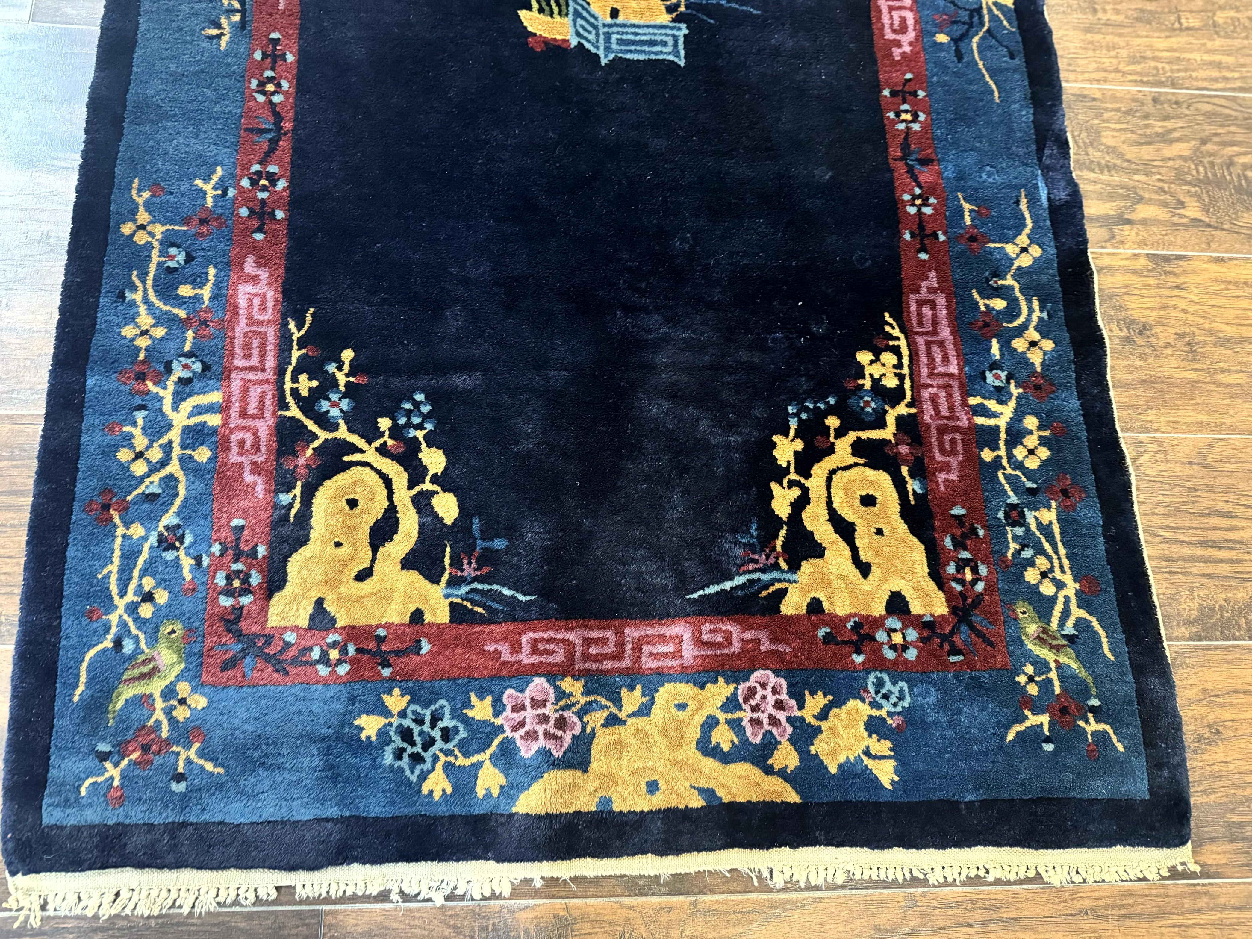 Antique Chinese Peking Rug 3x6, Dark Blue, Bird Motif, Handmade Wool Art Deco Asian Oriental Carpet, Pair B - Jewel Rugs