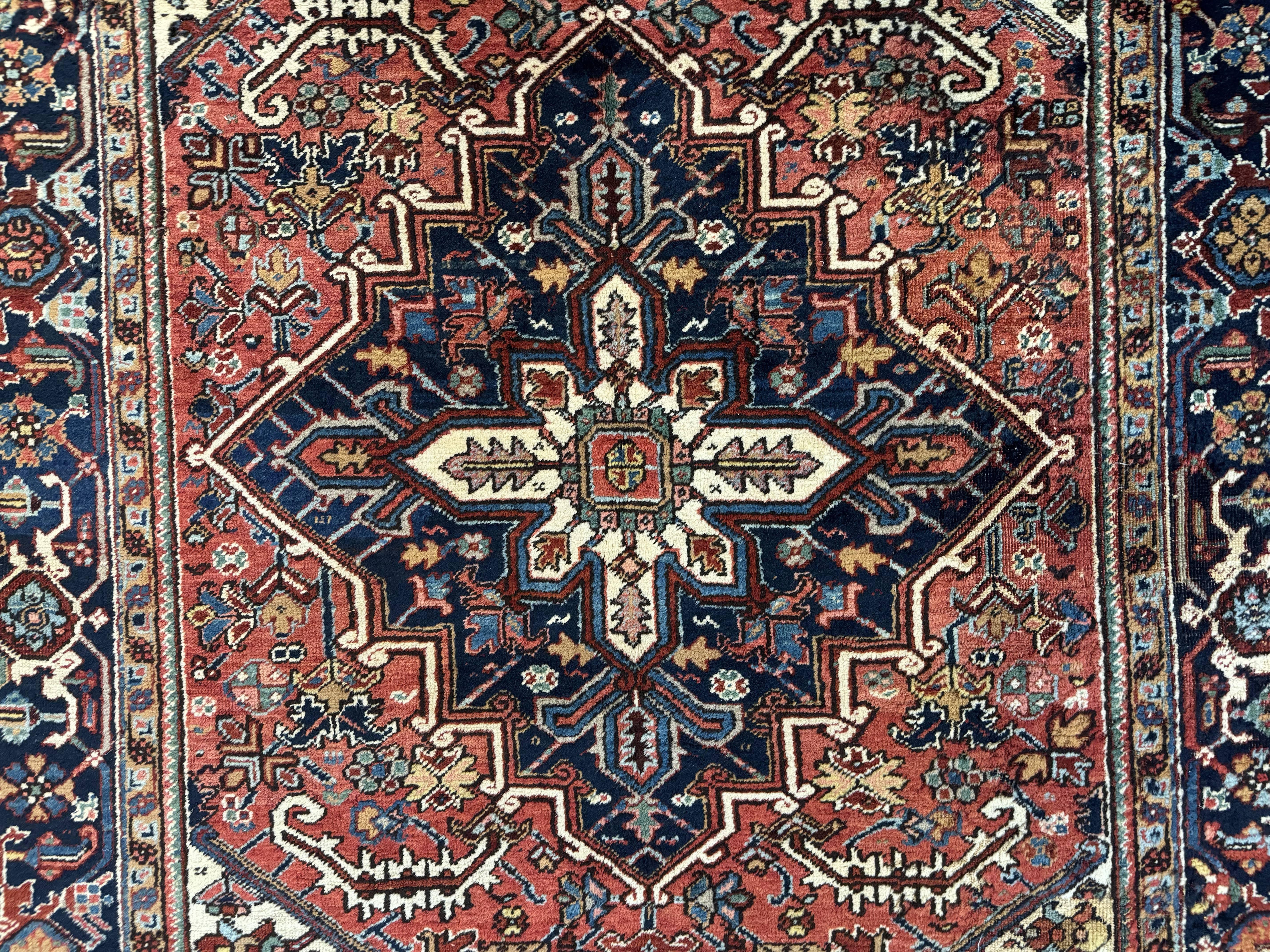 Antique Persian Heriz Rug 6x9, Red Navy Blue, Wool, Geometric Medallion - Jewel Rugs