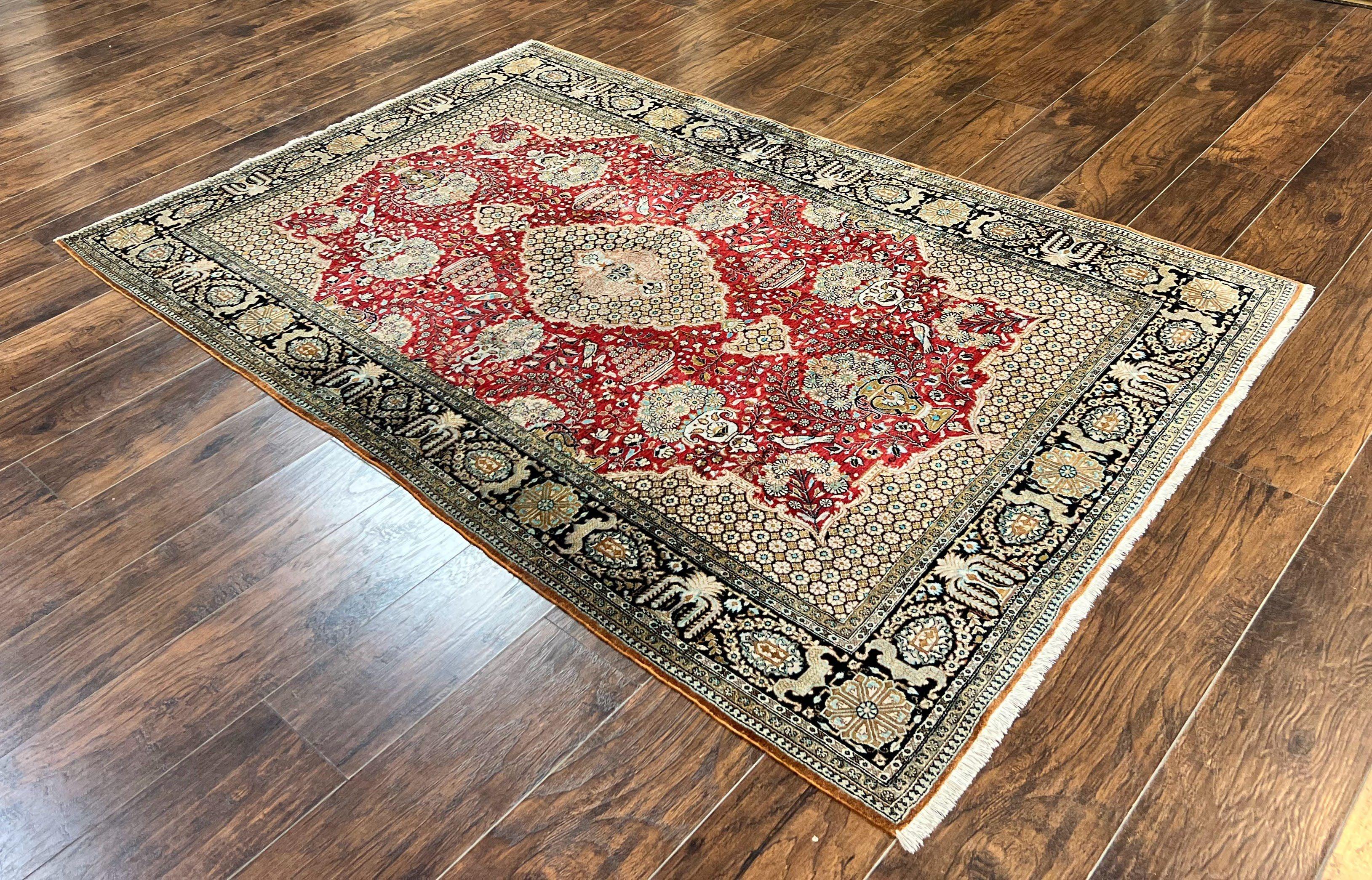 Wonderful Persian Silk Rug 5x7, Birds Floral Vases, Red, Hand Knotted Silk Fine Oriental Carpet, Handmade Vintage, Persian Qum Rug, 400 KPSI - Jewel Rugs