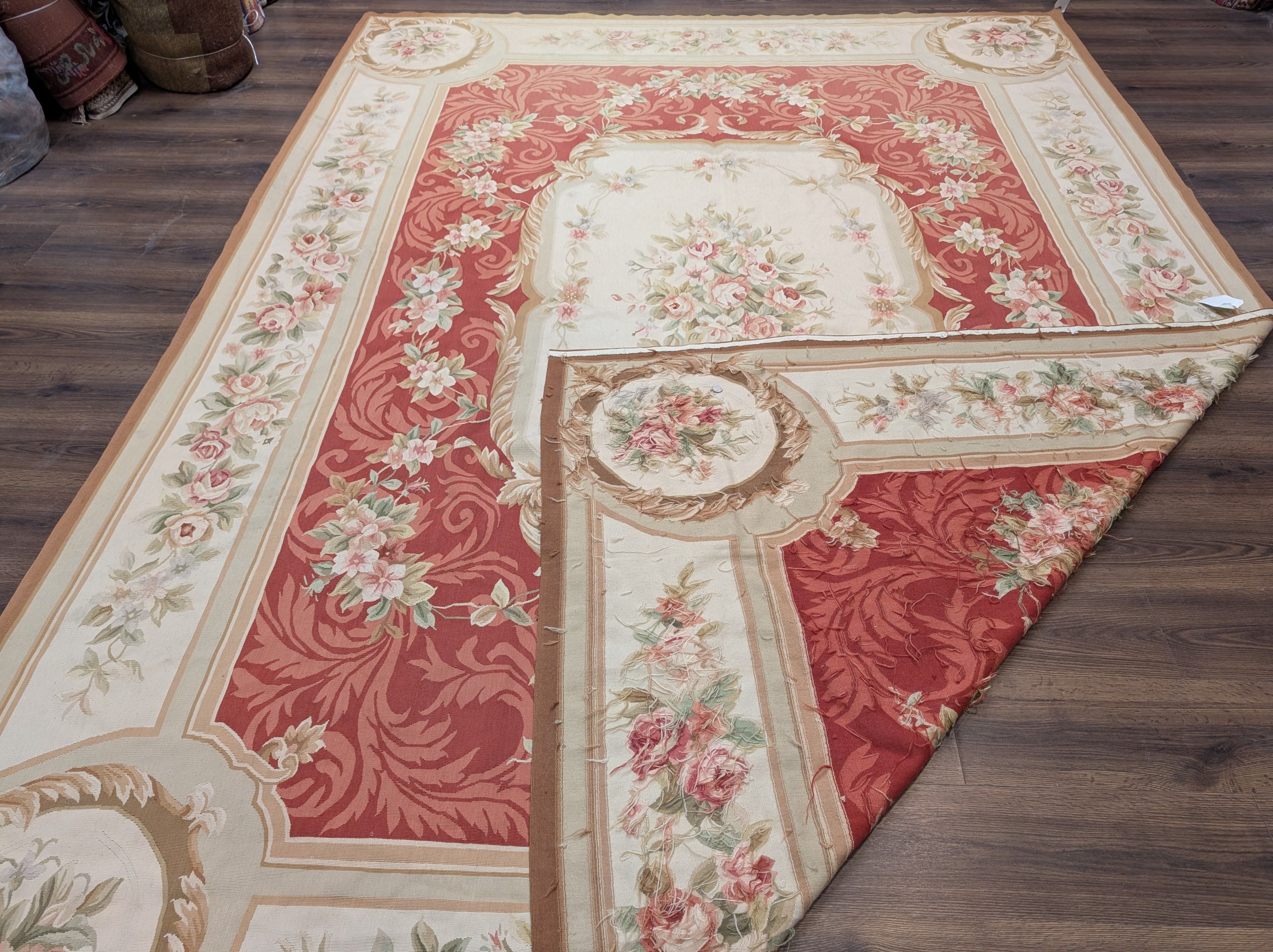 Aubusson Rug 9x12, Red and Ivory, Handwoven French European Floral Carpet - Jewel Rugs