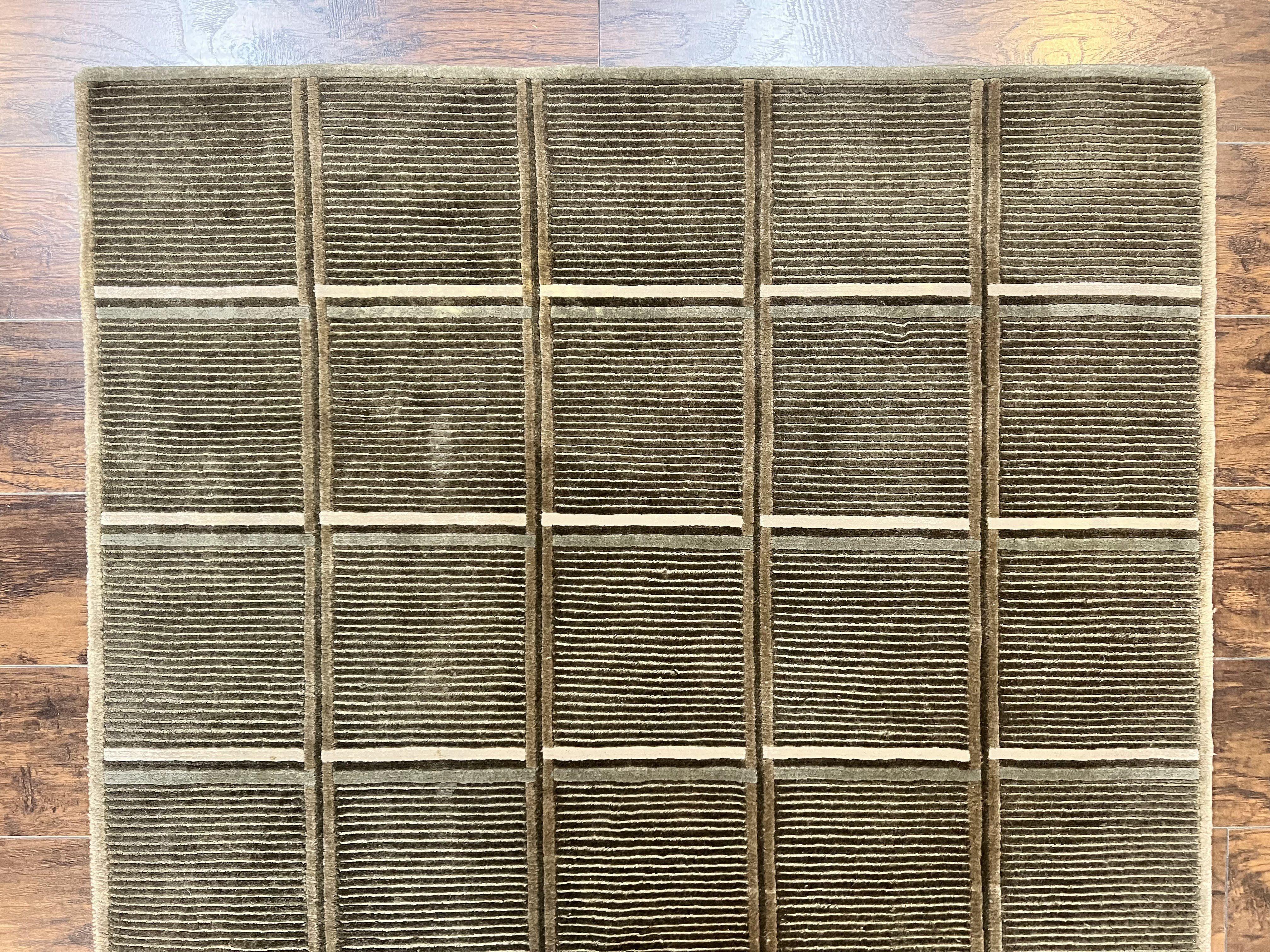 Tibetan Rug 4x6, Green Wool Handmade Area Rug 4 x 6, Panel Design, Modern Contemporary - Jewel Rugs