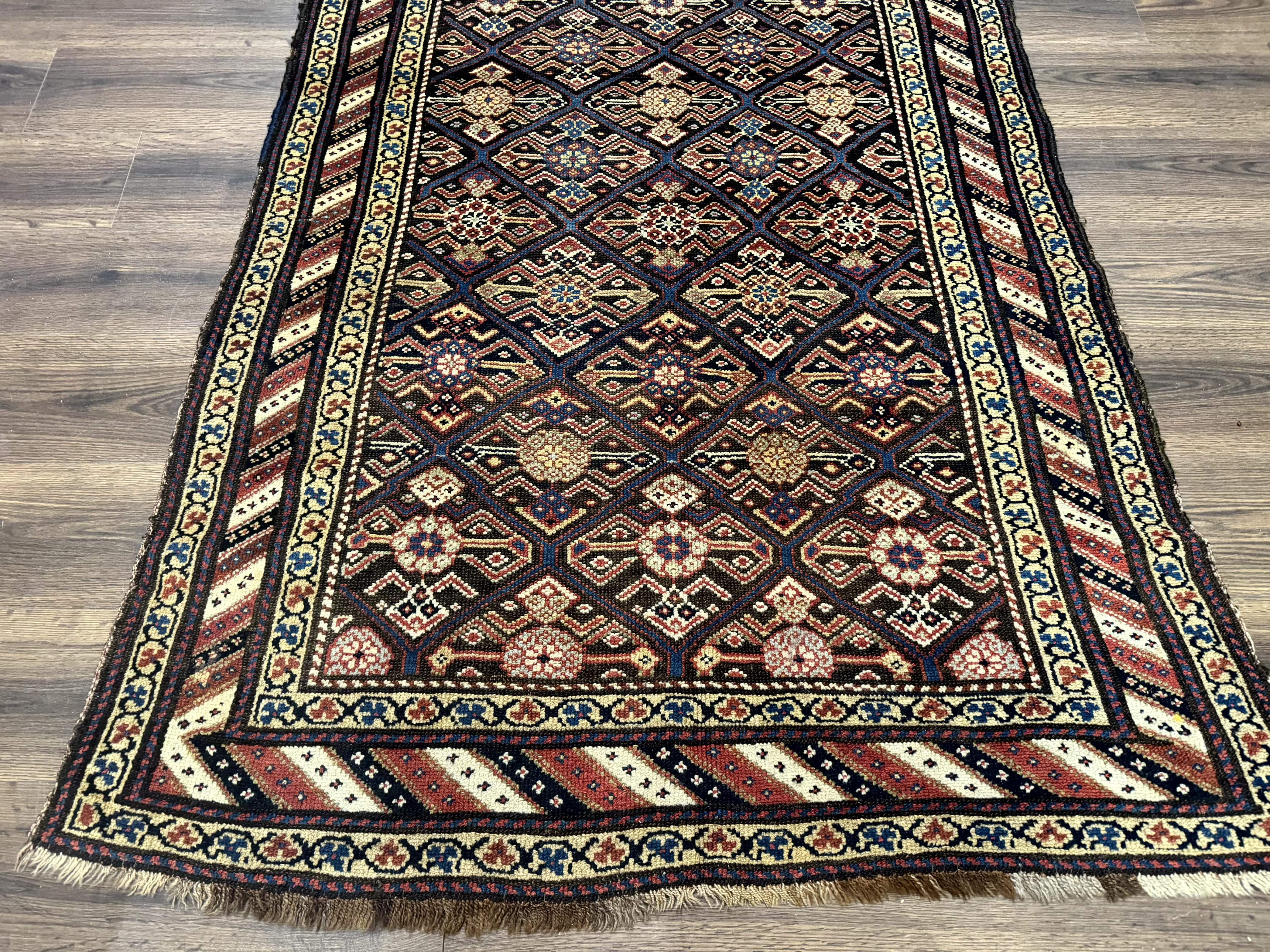 Antique Persian Wide Runner Rug 4x9, Kurdish Rug, Panel Design, Rainbow Border, Rare Tribal Rug - Jewel Rugs