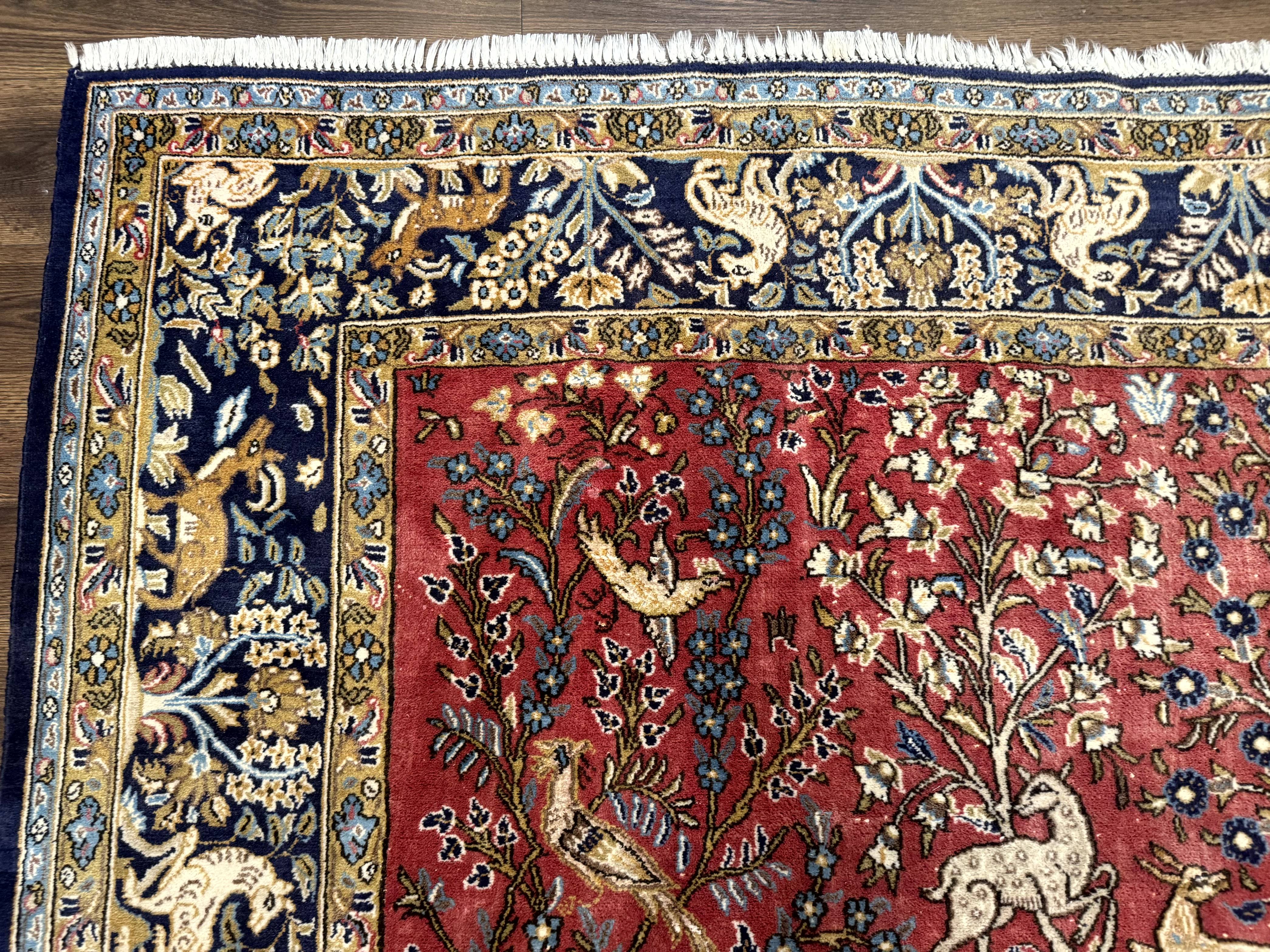Persian Qum Rug 9x12, Animal Pictorials, Deer Birds, Tree of Life, Red and Navy Blue - Jewel Rugs