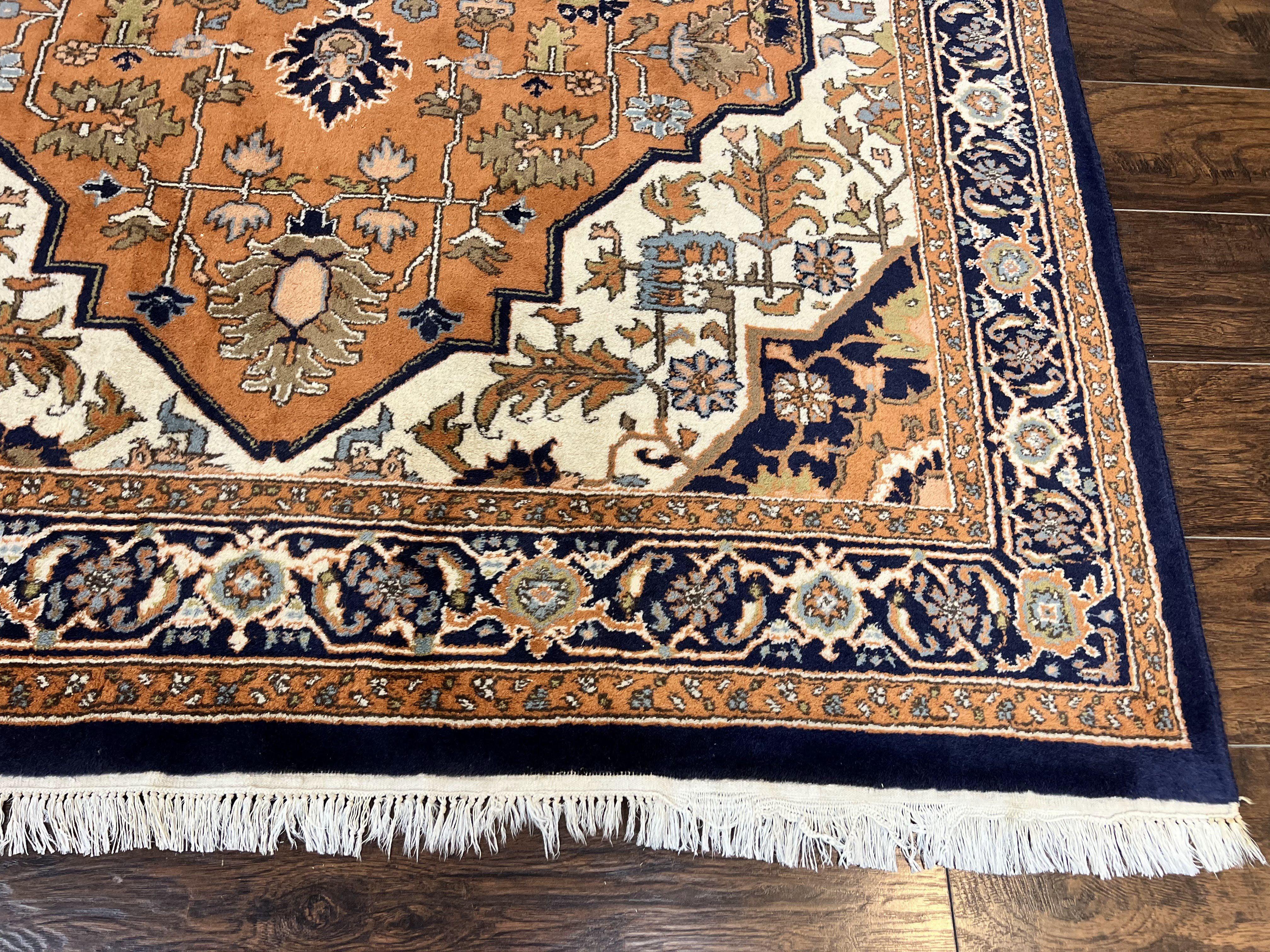 Indo Heriz Rug 6x8, Wool Hand Knotted Vintage Oriental Carpet, Orange-Red Ivory & Navy Blue, Medallion Rug, Handmade Indo Persian Rug - Jewel Rugs