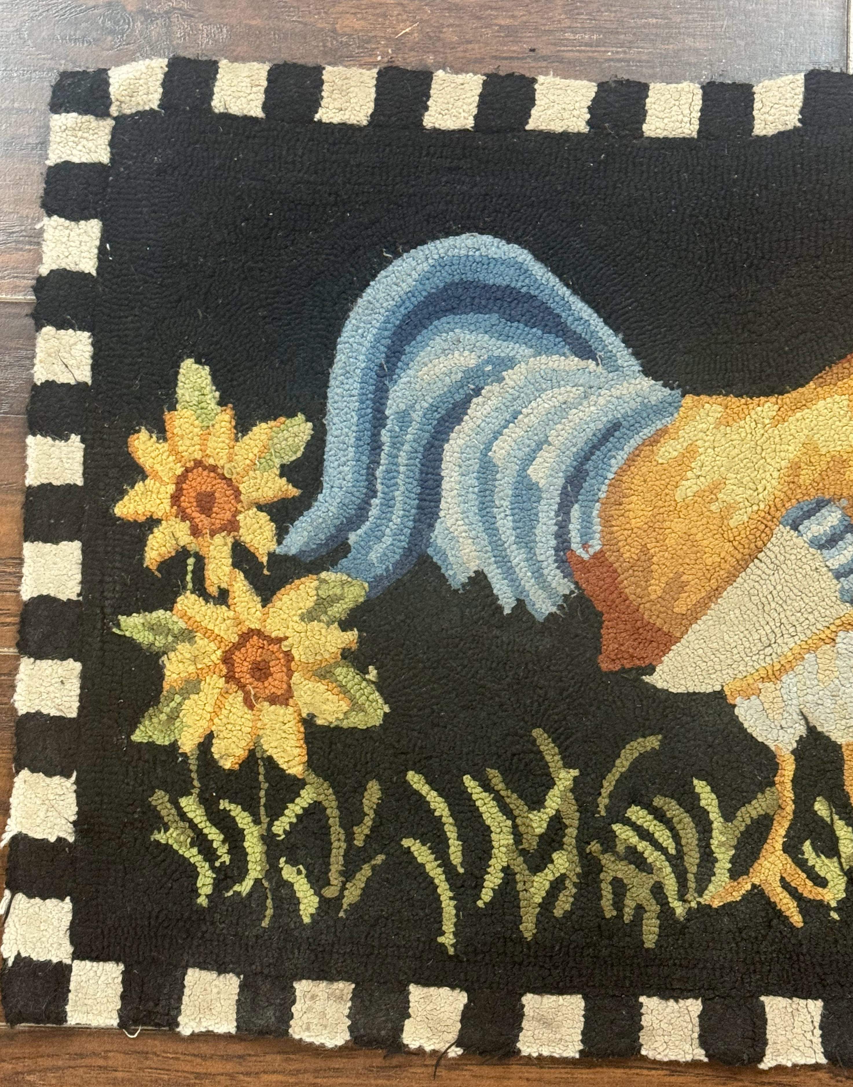 Vintage Hooked Rooster Rug 2x3, Black - Jewel Rugs