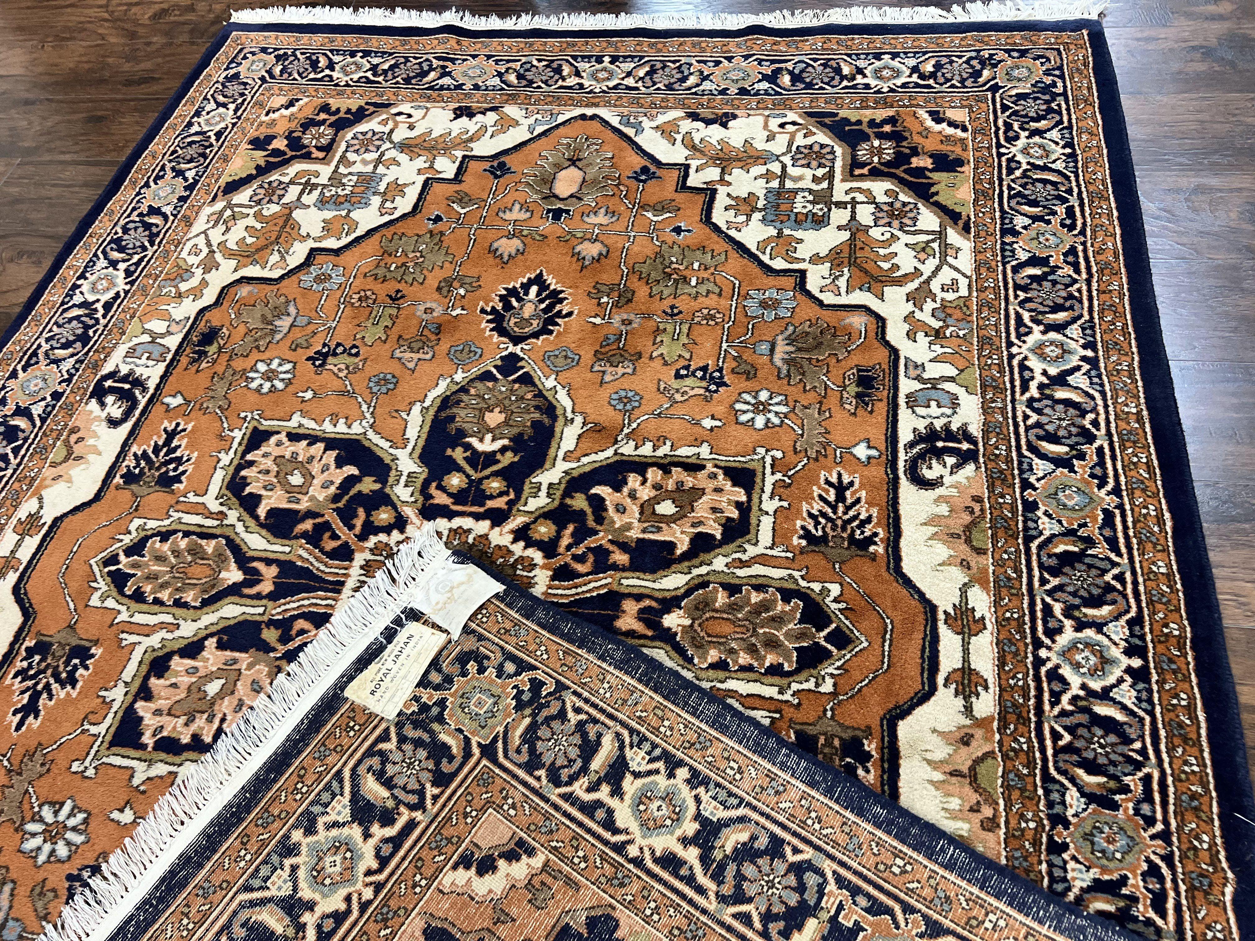 Indo Heriz Rug 6x8, Wool Hand Knotted Vintage Oriental Carpet, Orange-Red Ivory & Navy Blue, Medallion Rug, Handmade Indo Persian Rug - Jewel Rugs