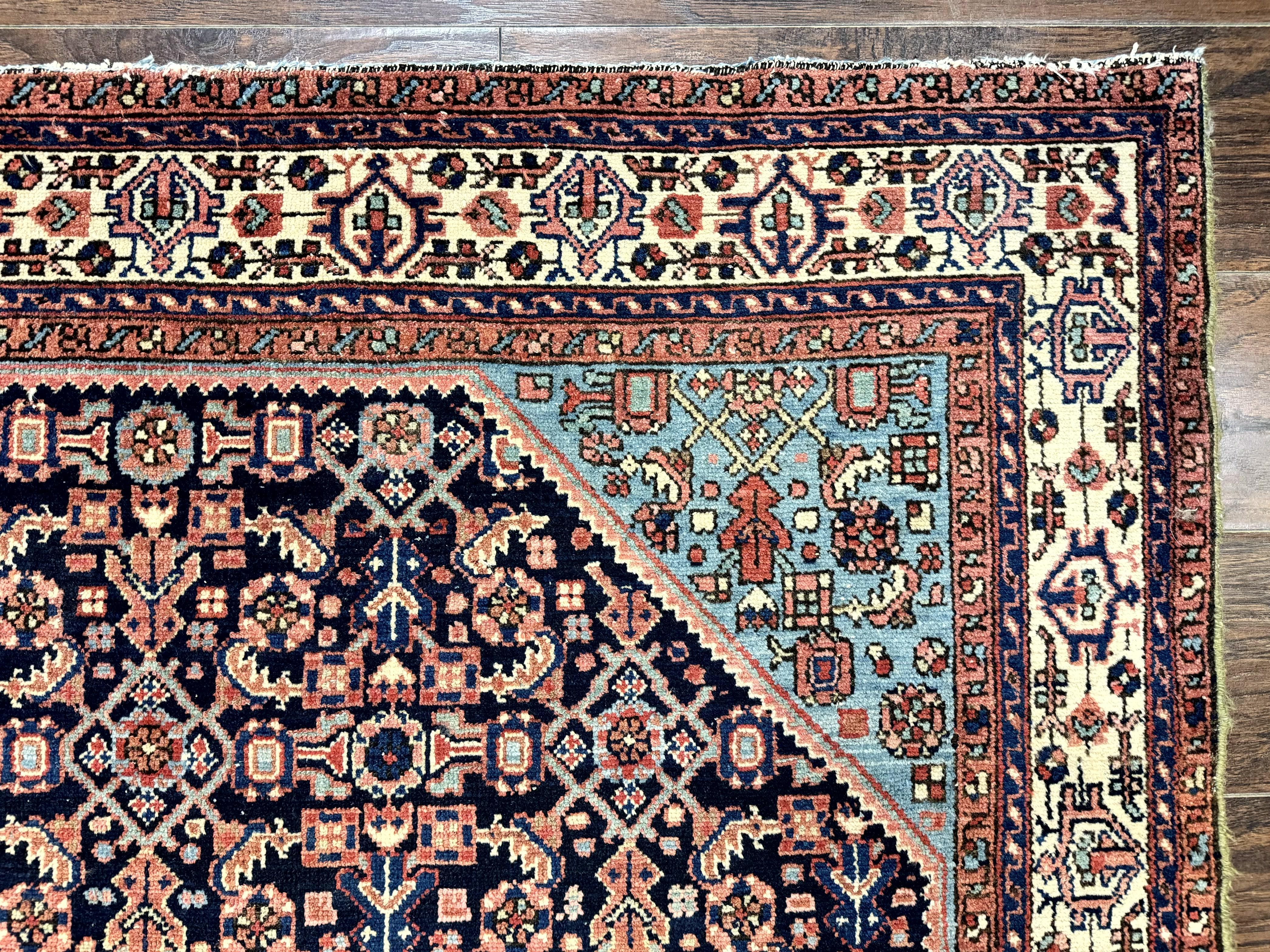 Antique Persian Rug 5 x 6.7, Navy Blue & Ivory, Handmade Persian Wool Carpet, Hamadan Angelas Rug - Jewel Rugs