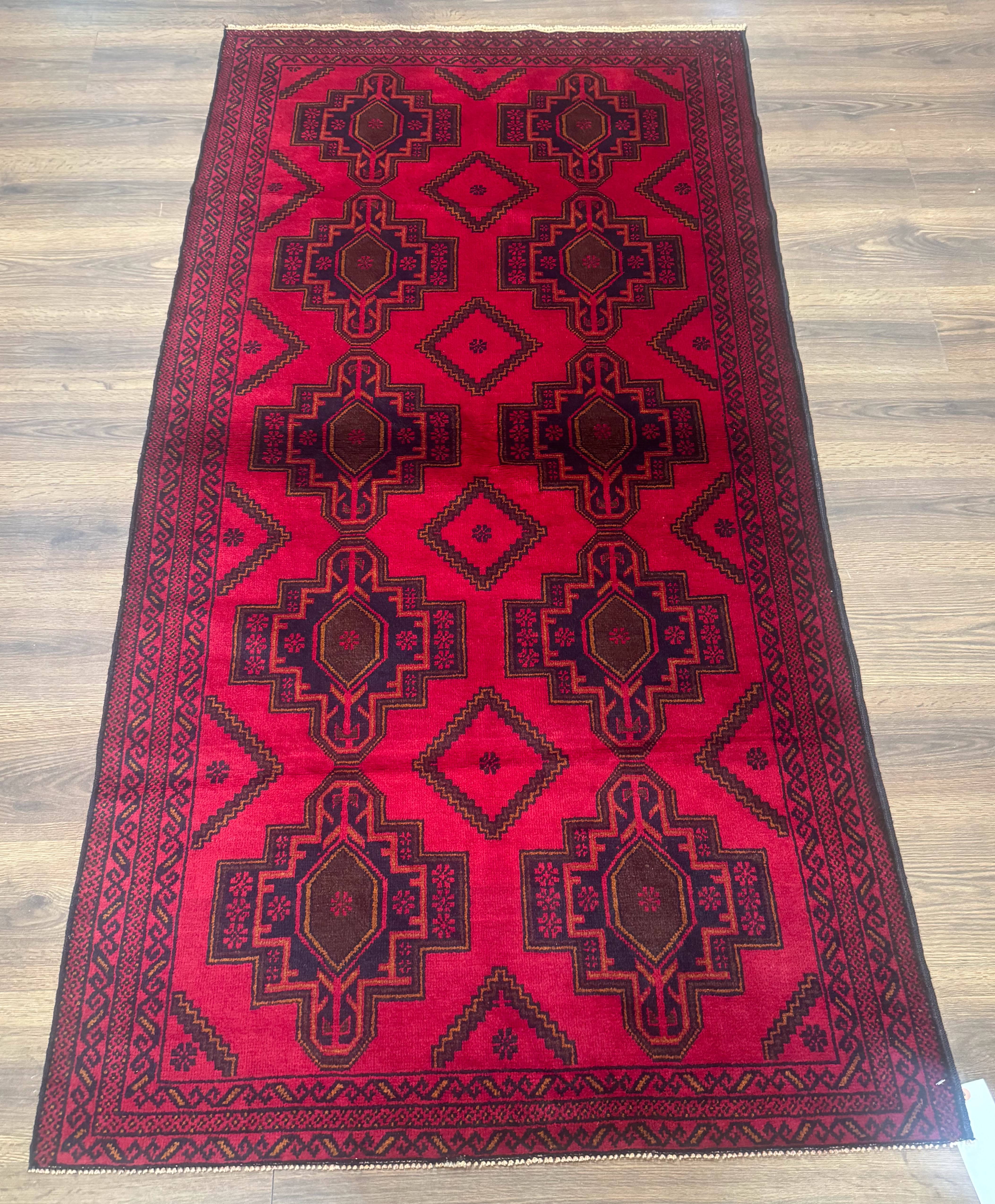 Afghan Rug 4x7, Tribal Carpet, Balouch Rug, Red and Navy Blue, Repeated Medallions, New - Jewel Rugs