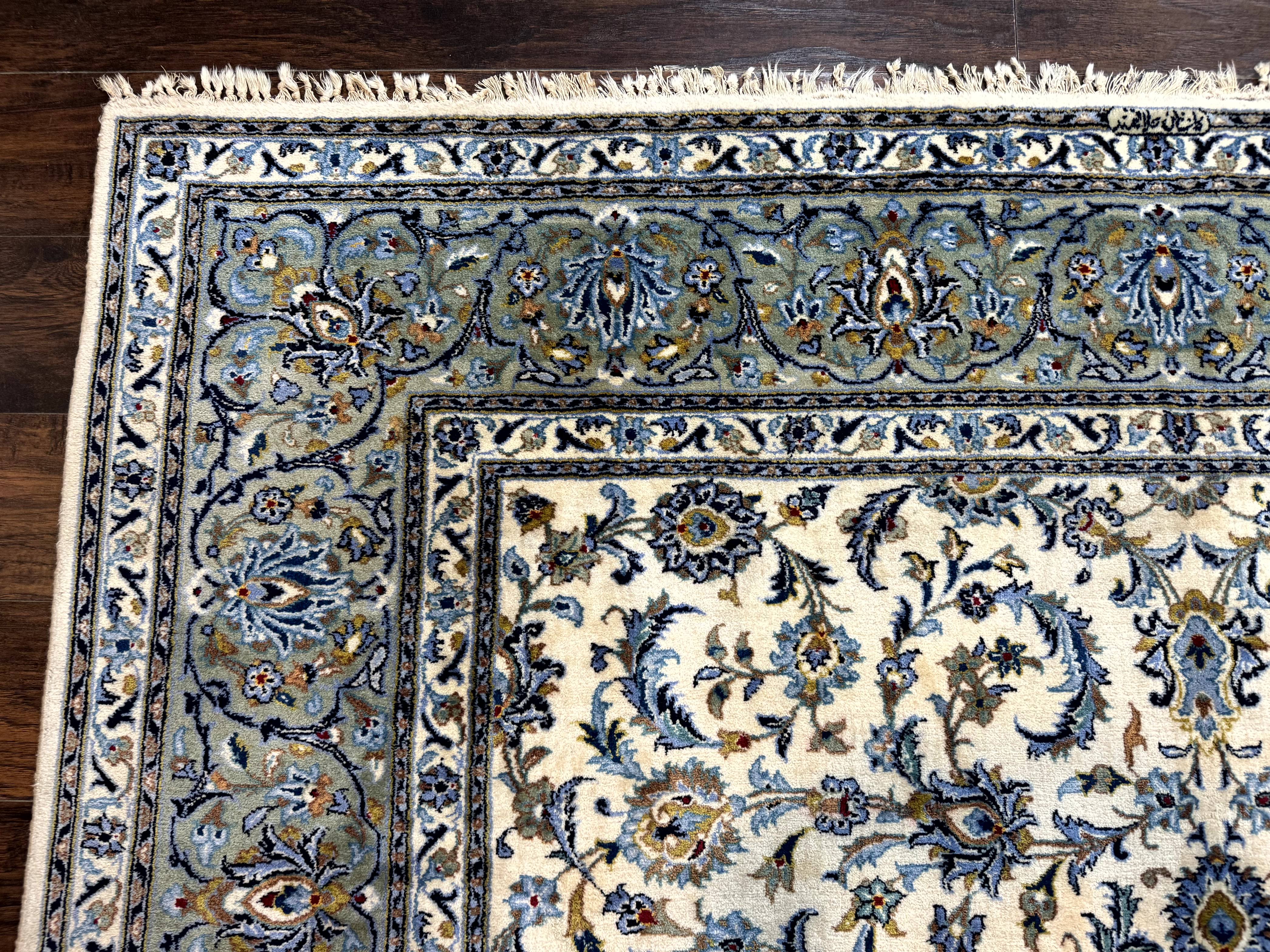 Persian Kashan Rug 8x11, Ivory Blue Green, Floral Allover, Signed By Masterweaver - Jewel Rugs