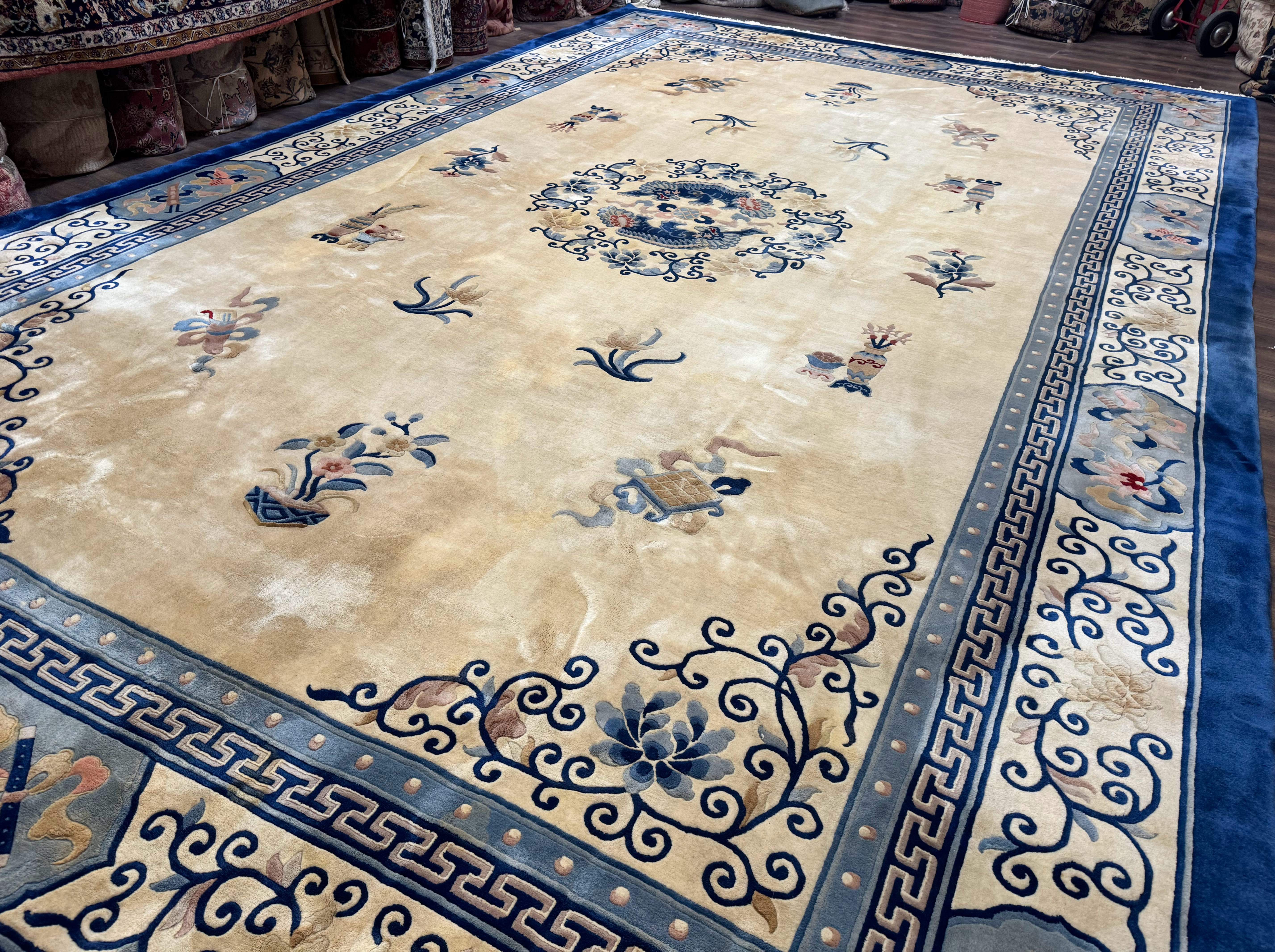Palace Size Chinese Wool Rug 12x19 – Ivory and Blue, Dragons, Vintage Carpet - Jewel Rugs