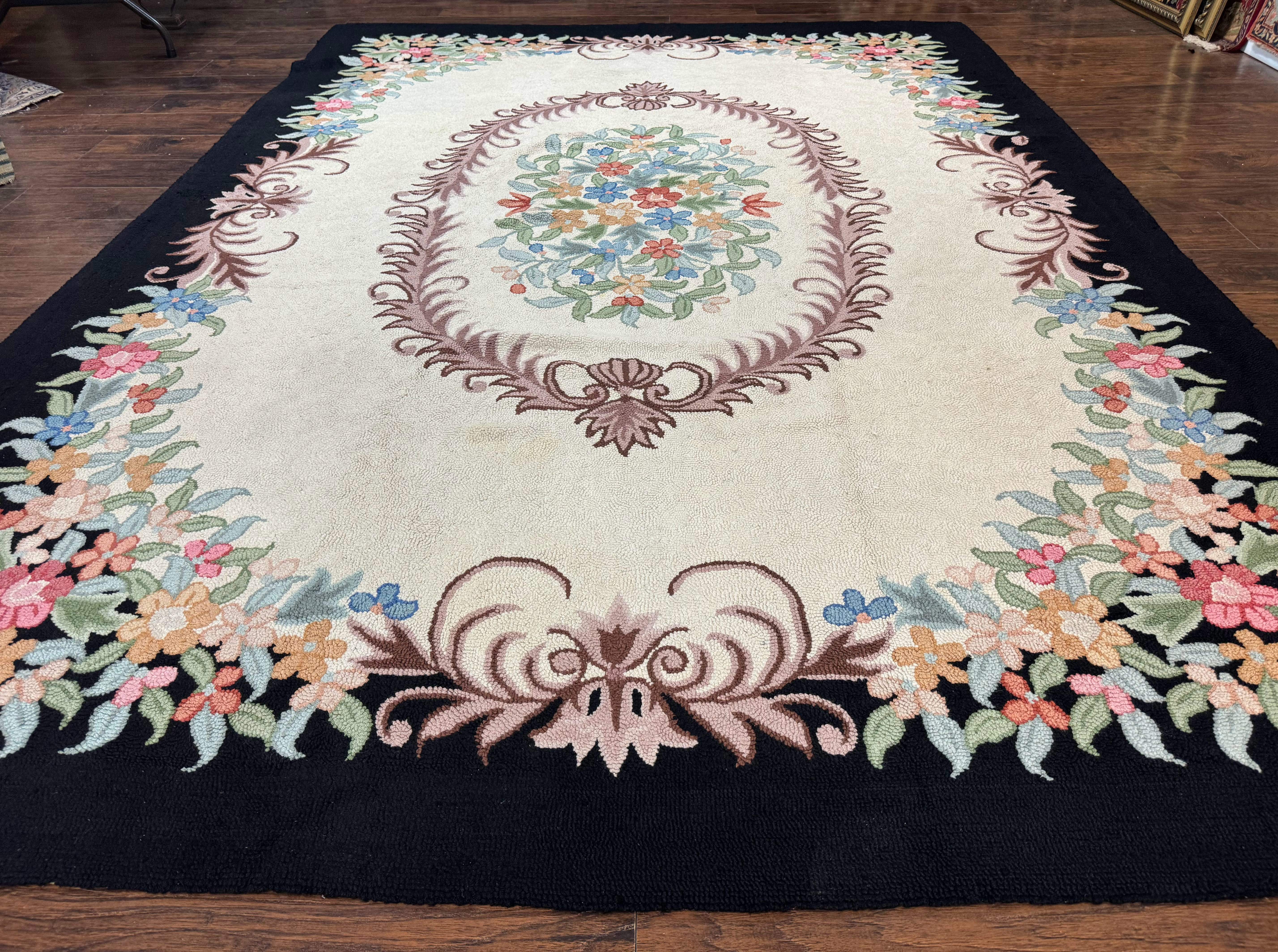Large American Hooked Rug 8x11, Vintage Ivory Black Floral Carpet - Jewel Rugs